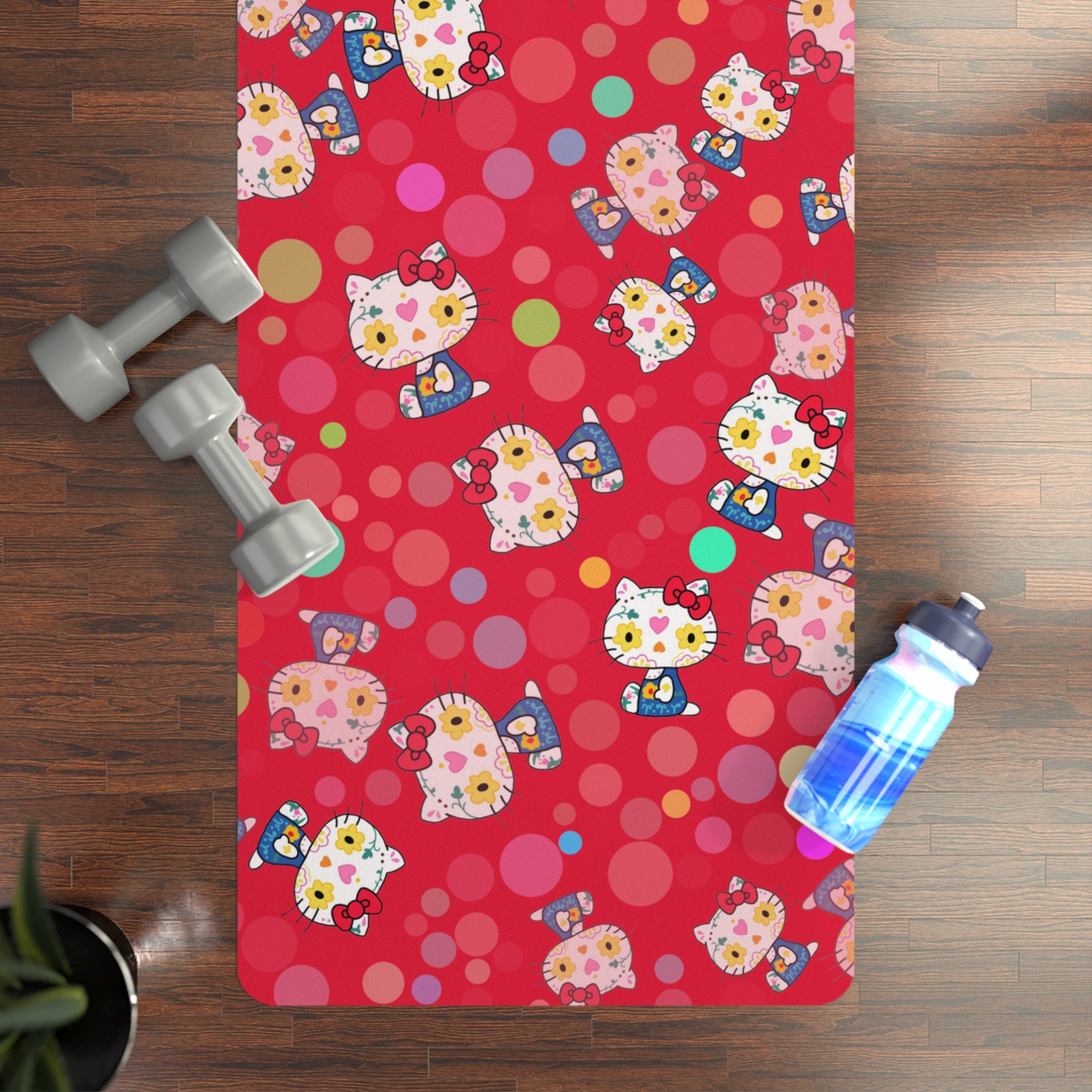 Rubber yoga mat kitty flower polka dots red