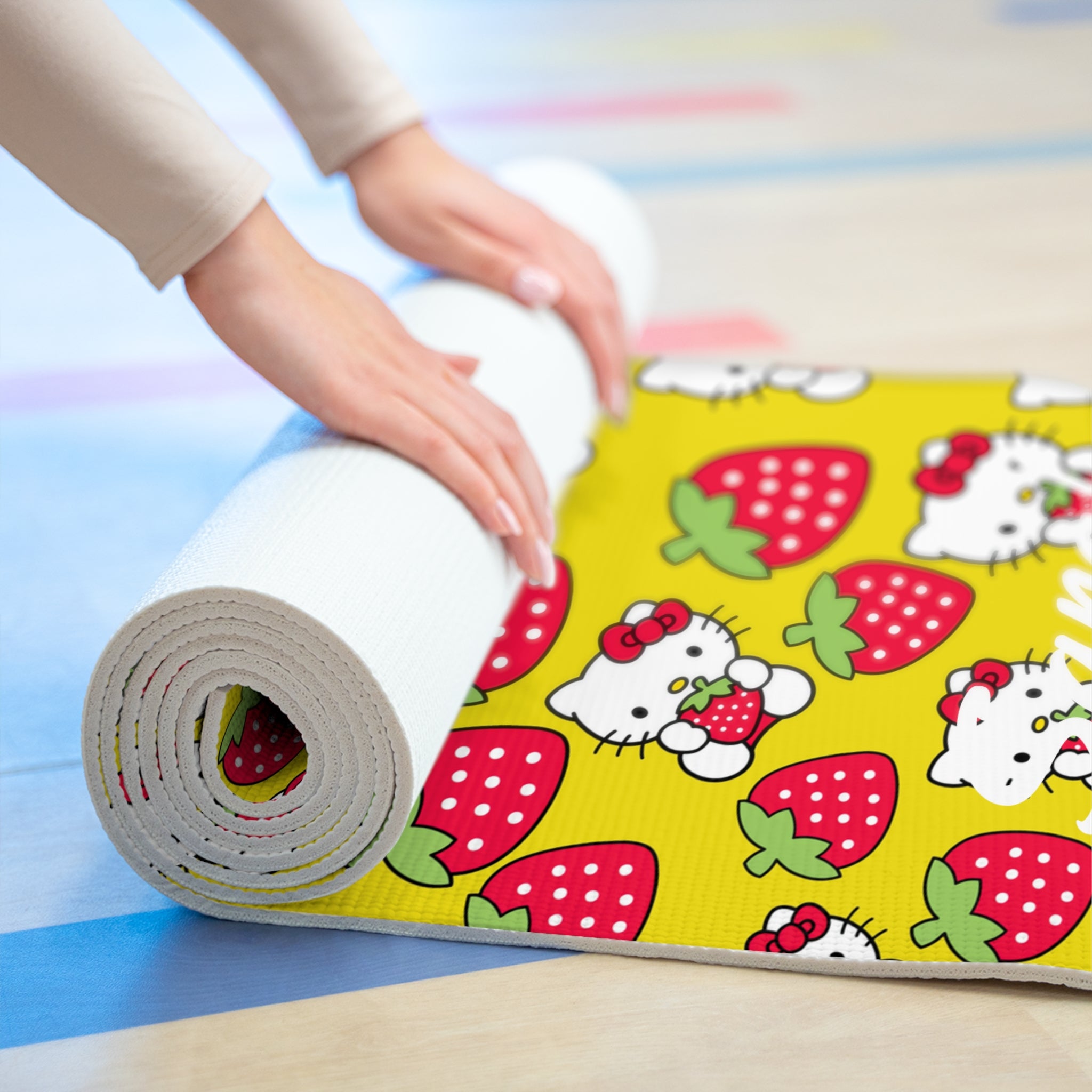 Custom name foam yoga mat kitty strawberry valentine love yellow