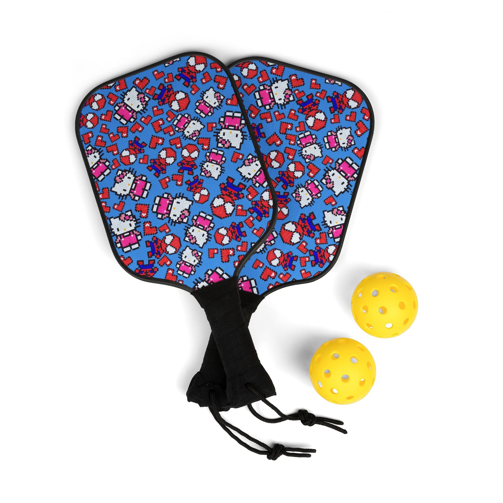 Pickleball kit (2 paddles + 2 balls + transparent bag) spider kitty pixel heart character love valentine cyan