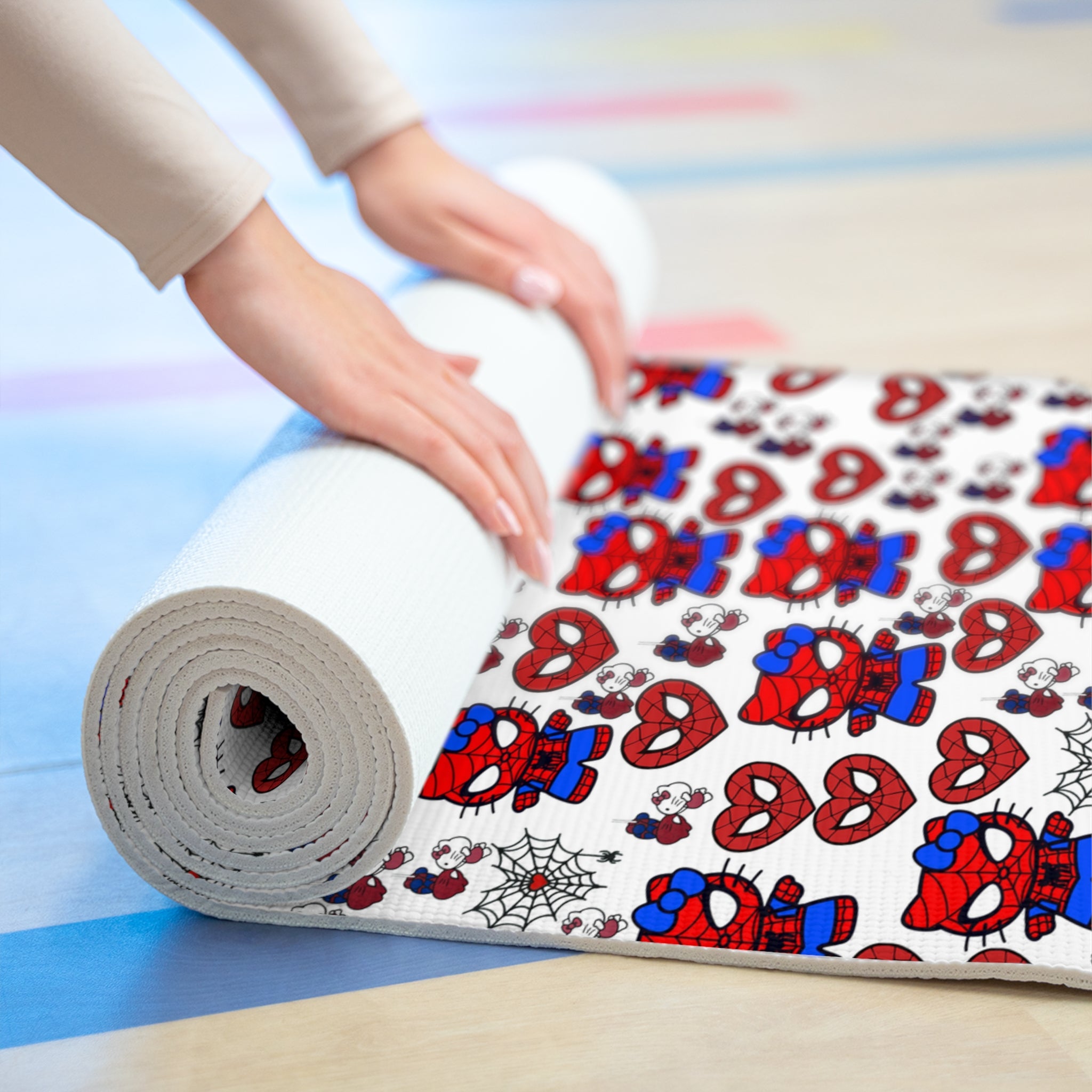 Foam yoga mat spider kitty red white