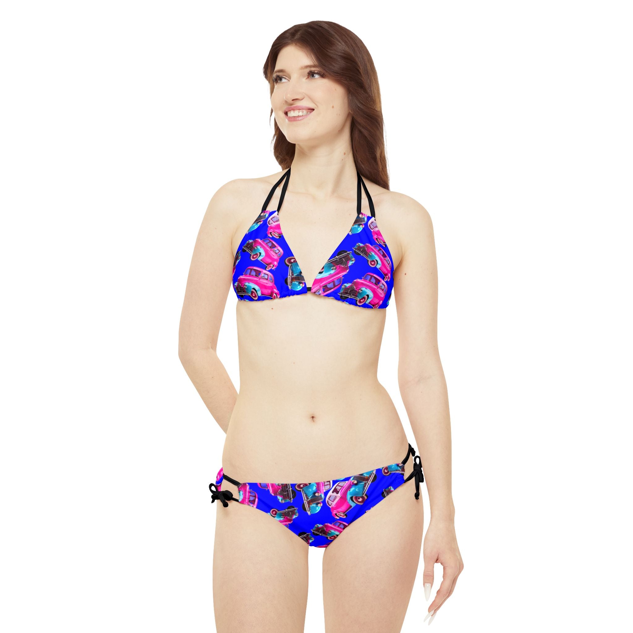 Strappy bikini set cartoon dirty old cars blue