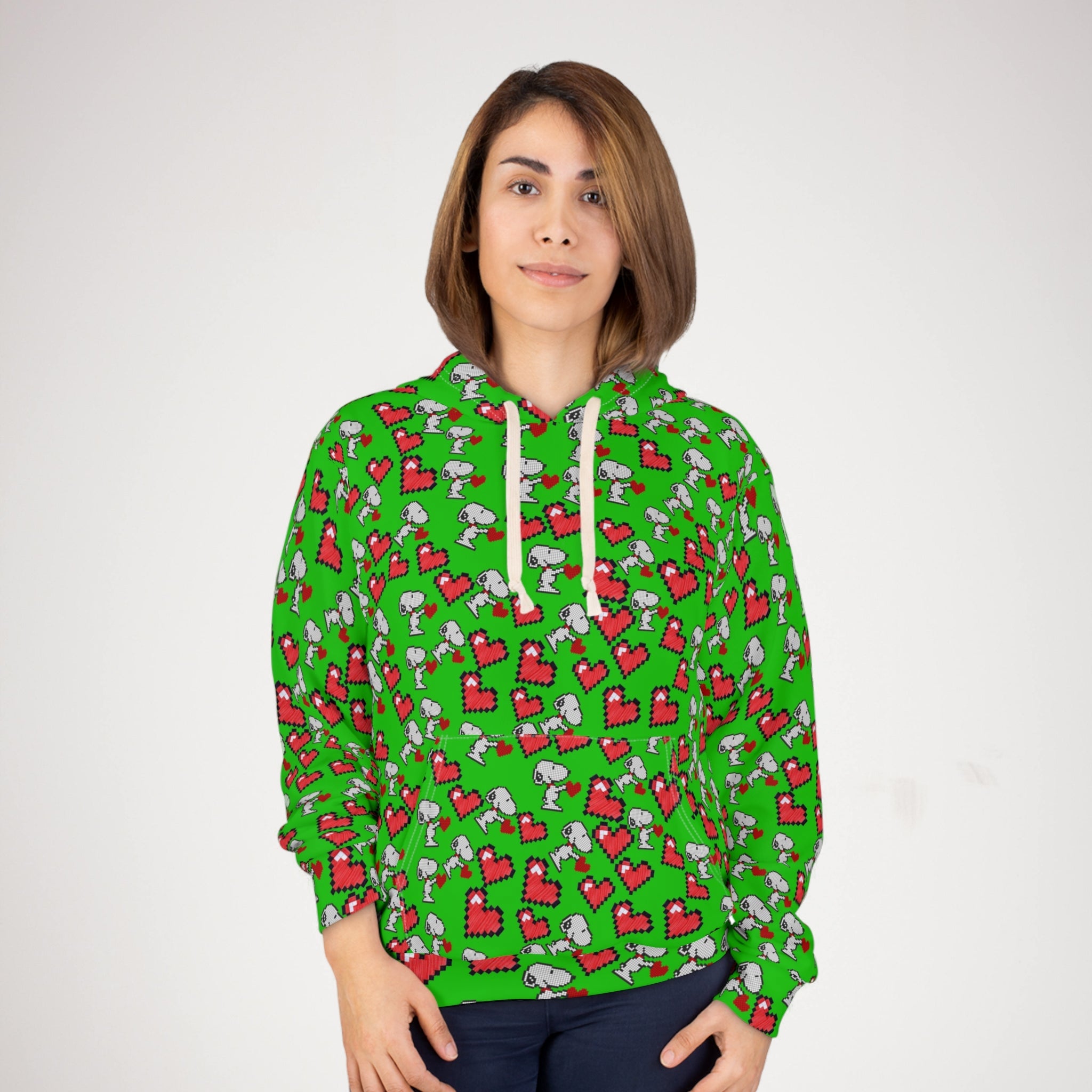 Unisex pullover hoodie snoopy hearts valentine green