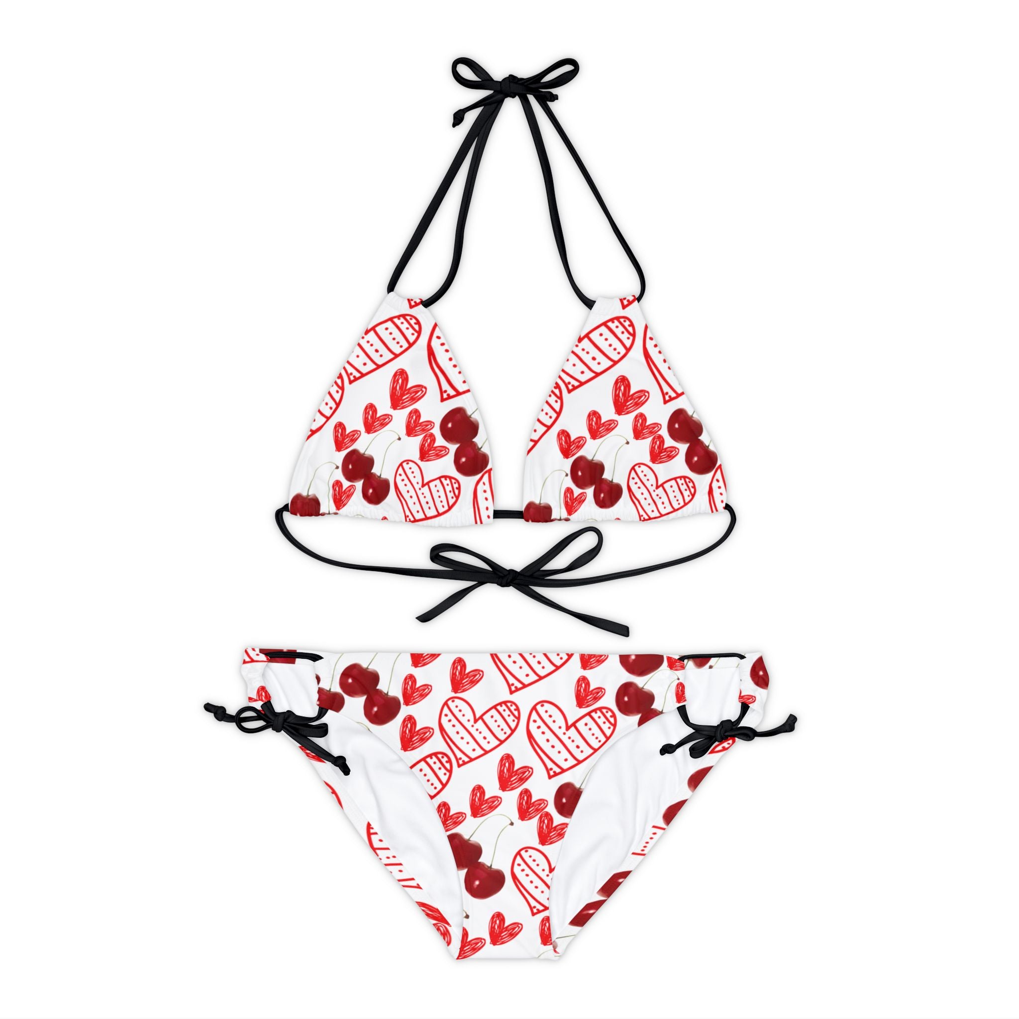 Strappy bikini set cherry and   sweet hearts white