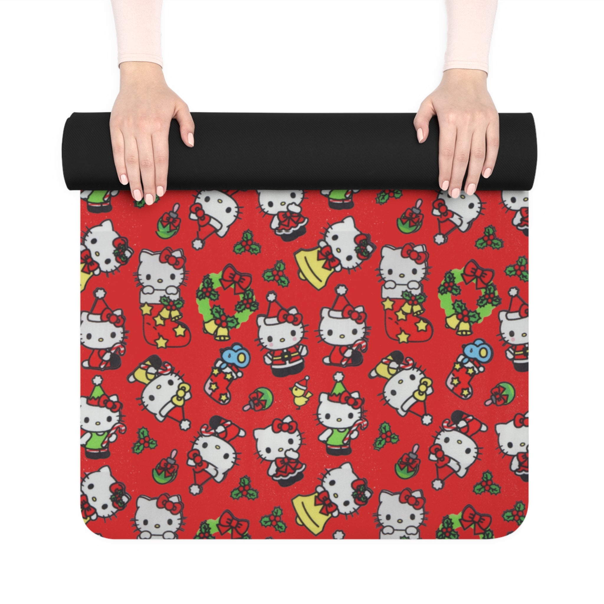 Rubber yoga mat kitty and friends christmas noel red