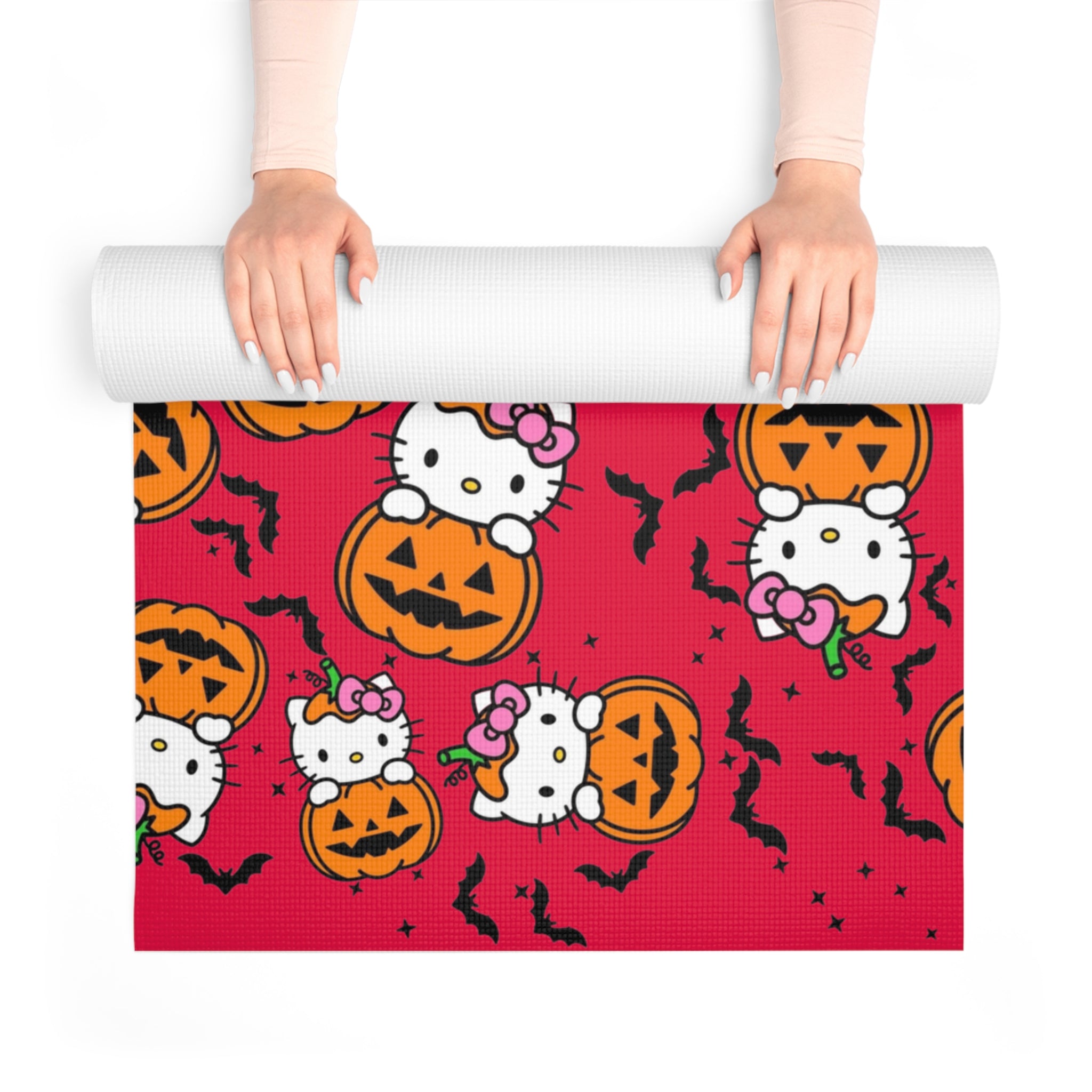 Foam yoga mat kitty hold pumpkin halloween red