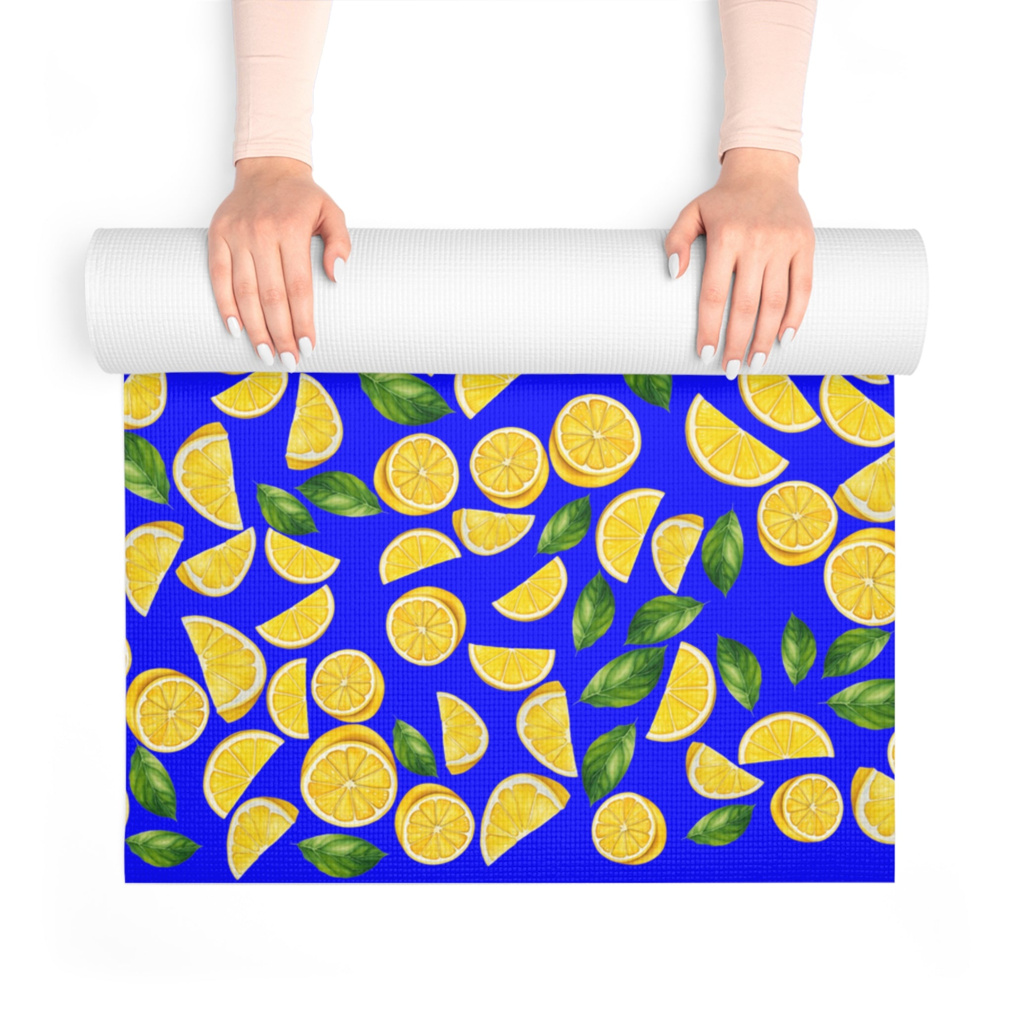 Foam yoga mat lemon and leaves blue