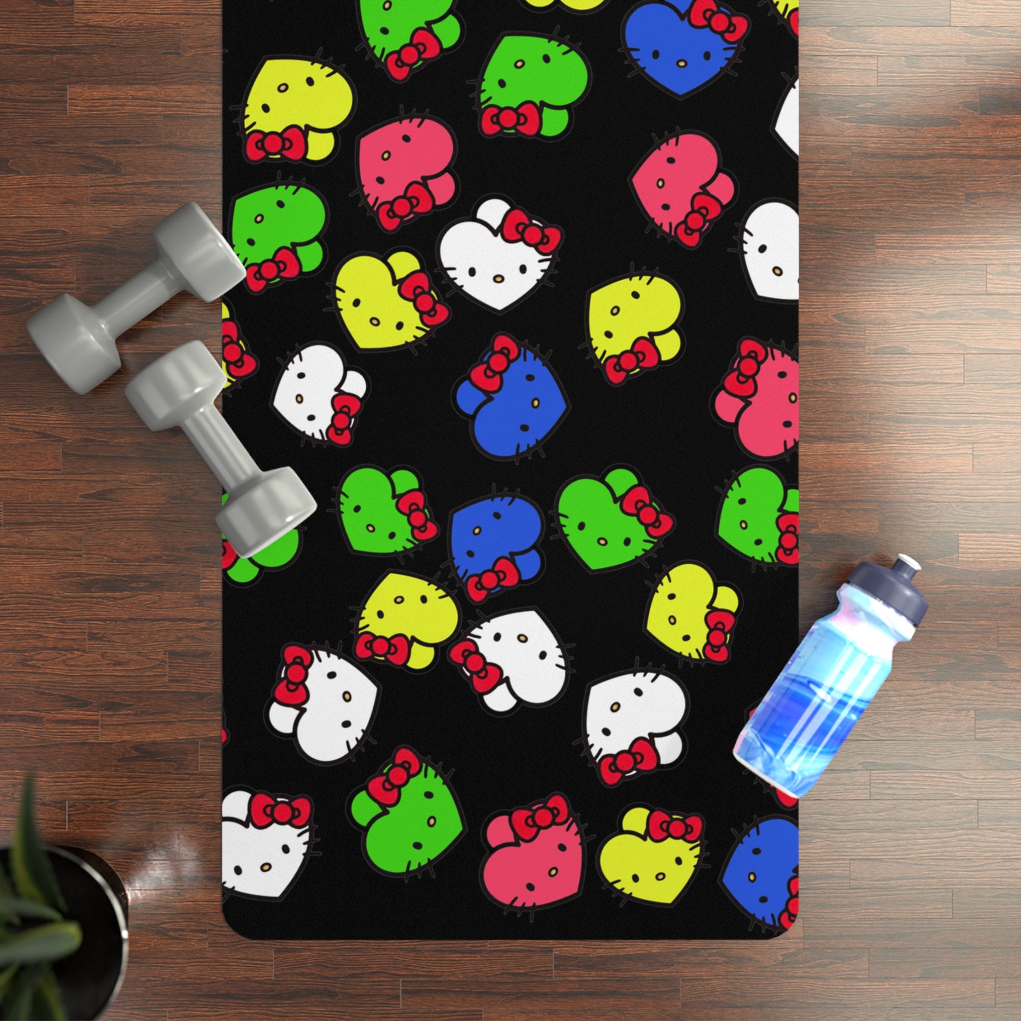 Rubber yoga mat kitty hearts multi colors black