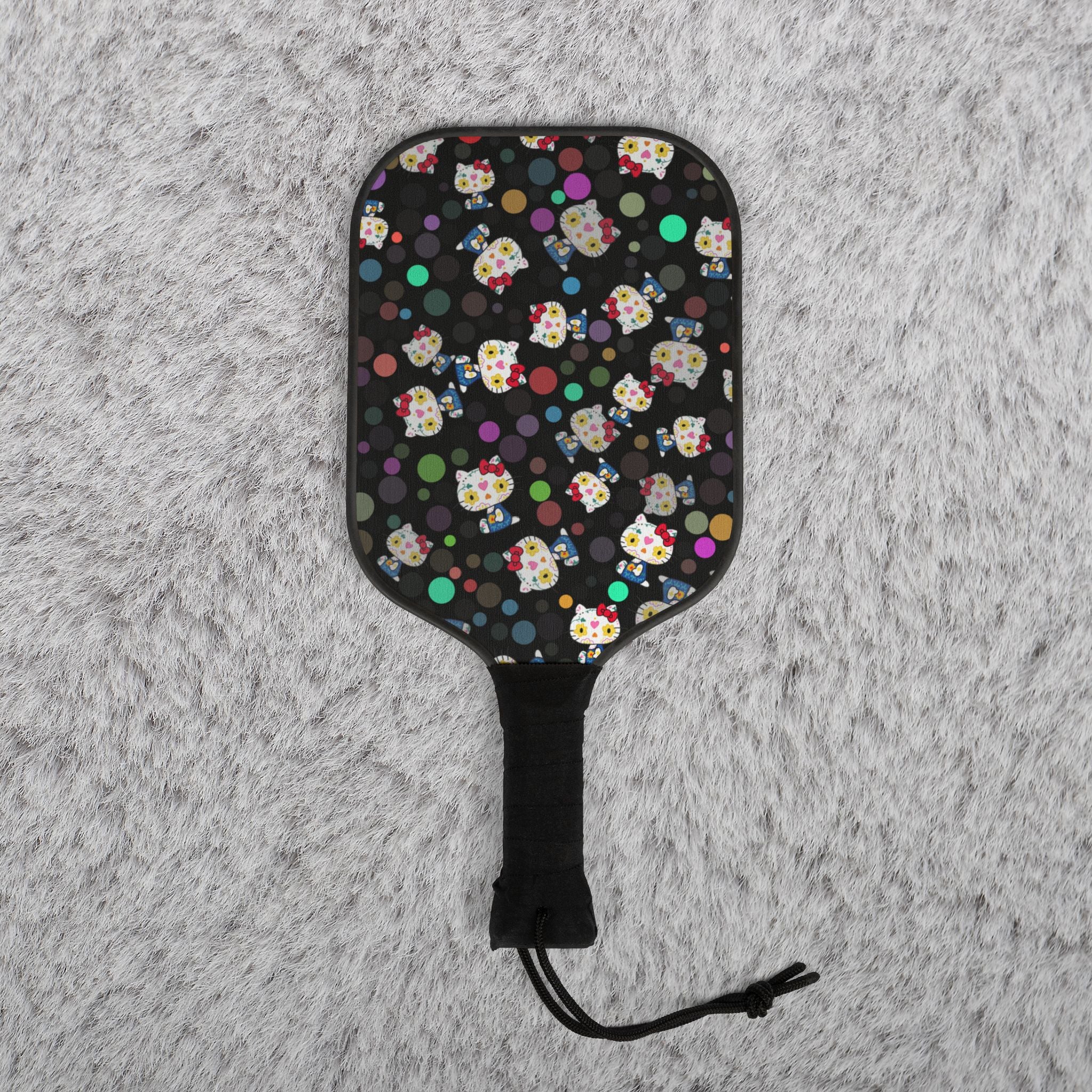 Pickleball kit (2 paddles + 2 balls + transparent bag) kitty flower polka dots black