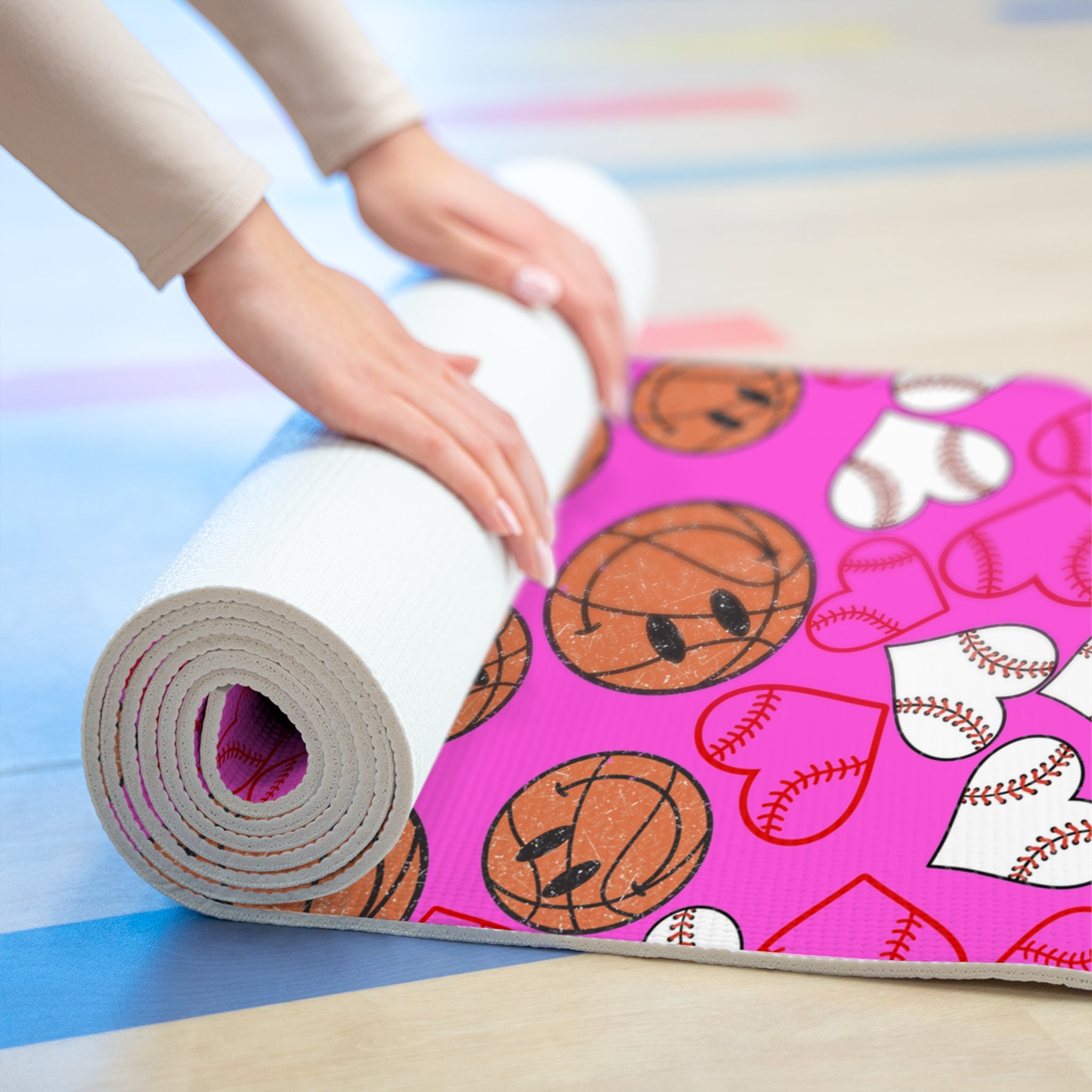 Foam yoga mat basketball hearts valentine pink