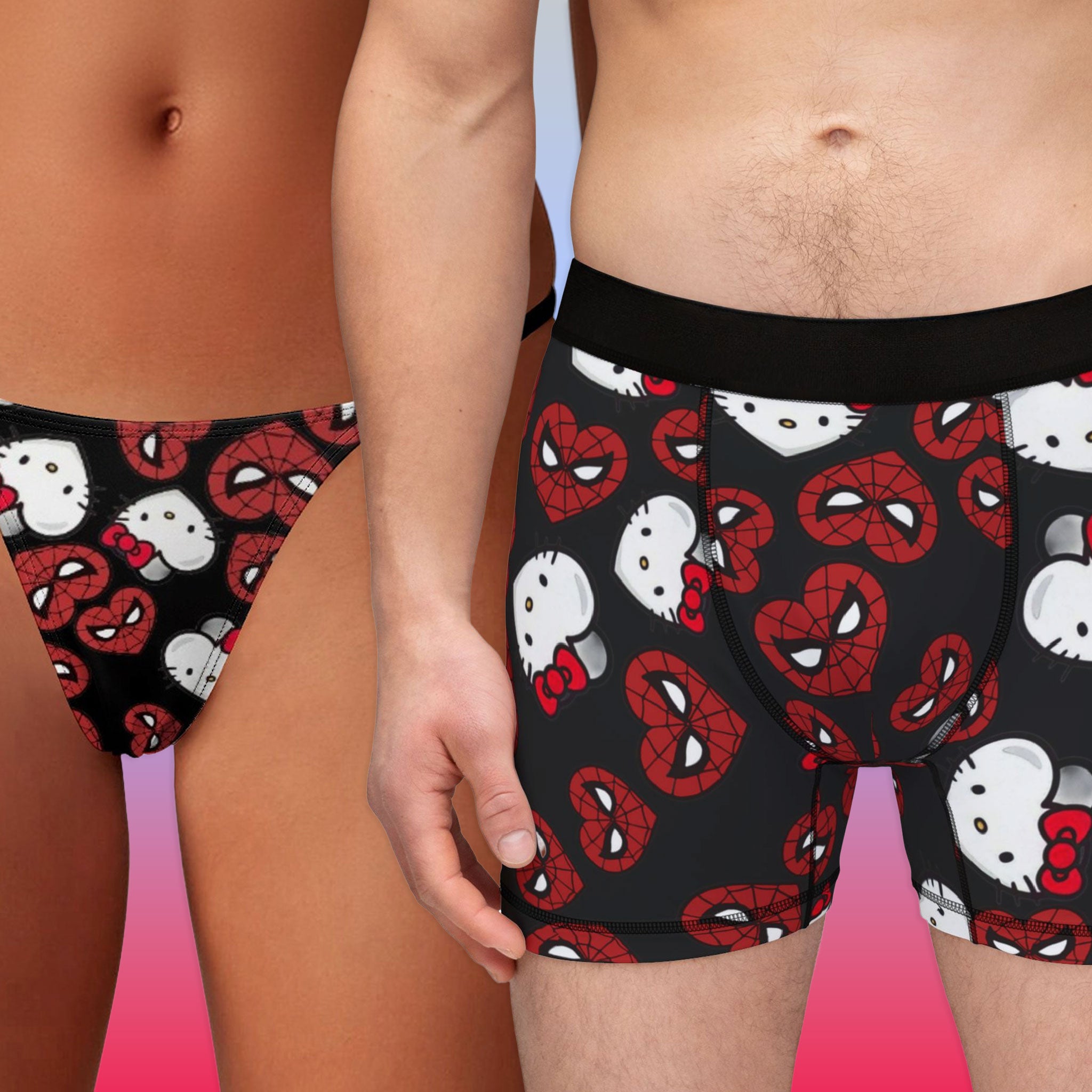 Couples matching spider kitty double hearts underwear, boxer & thin thong