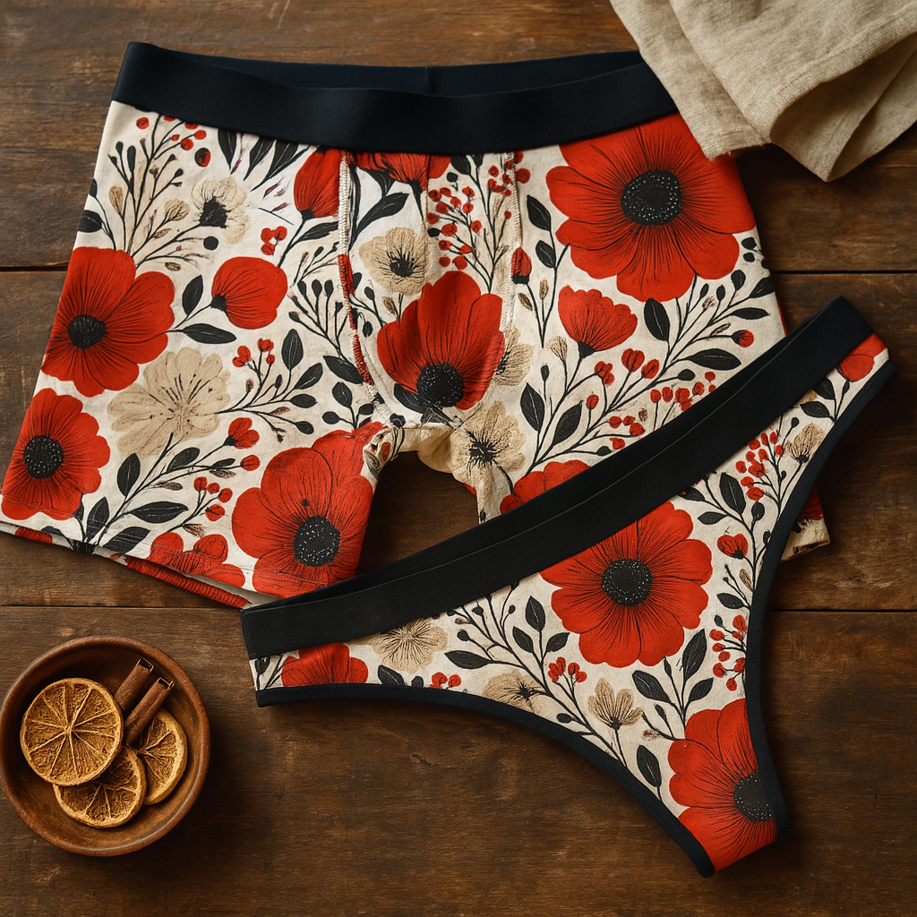 Matching underwear Cute Red Flowers One One for couples boxer & thong set