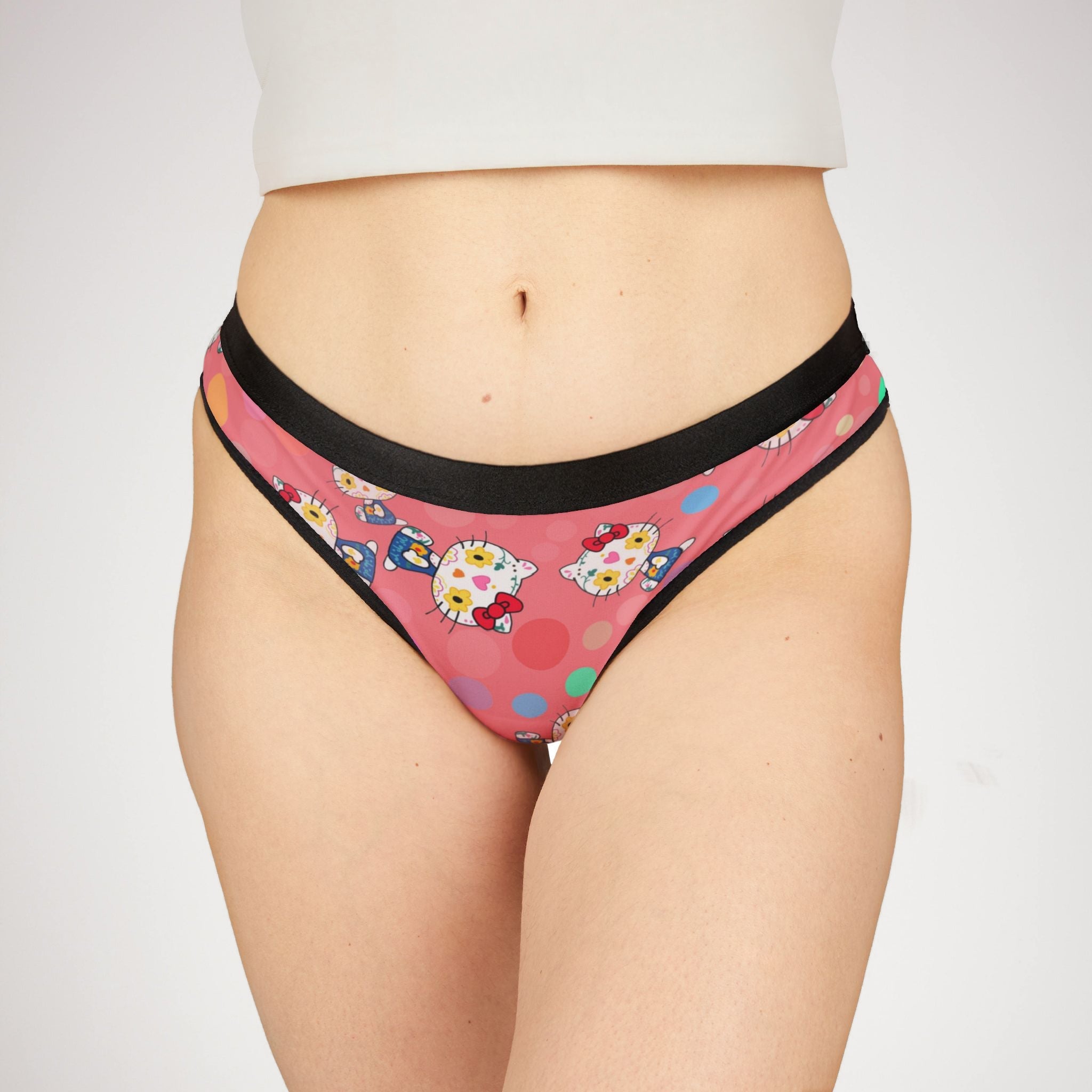 Women's thongs kitty flower polka dots pink