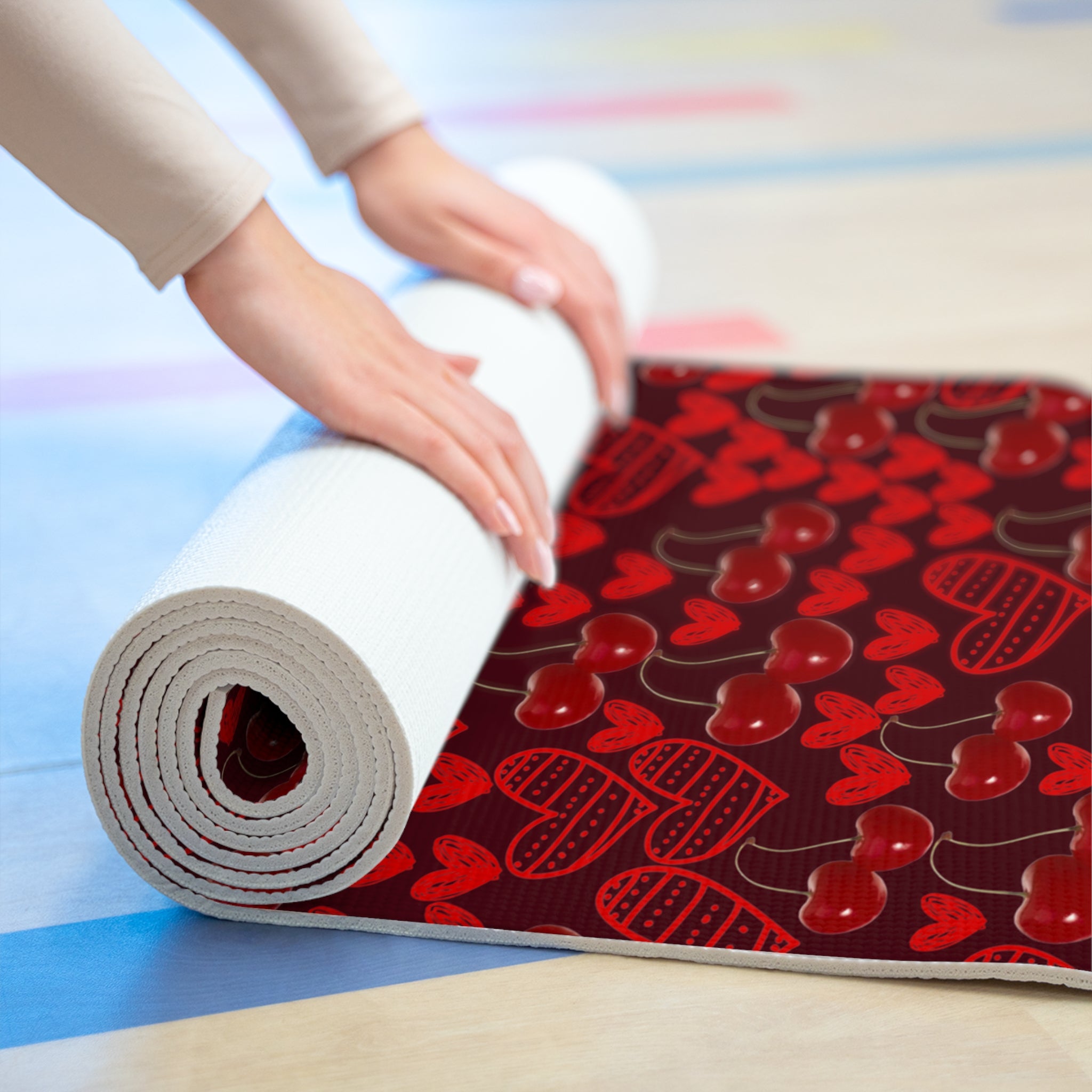 Foam yoga mat cherry and   sweet hearts red