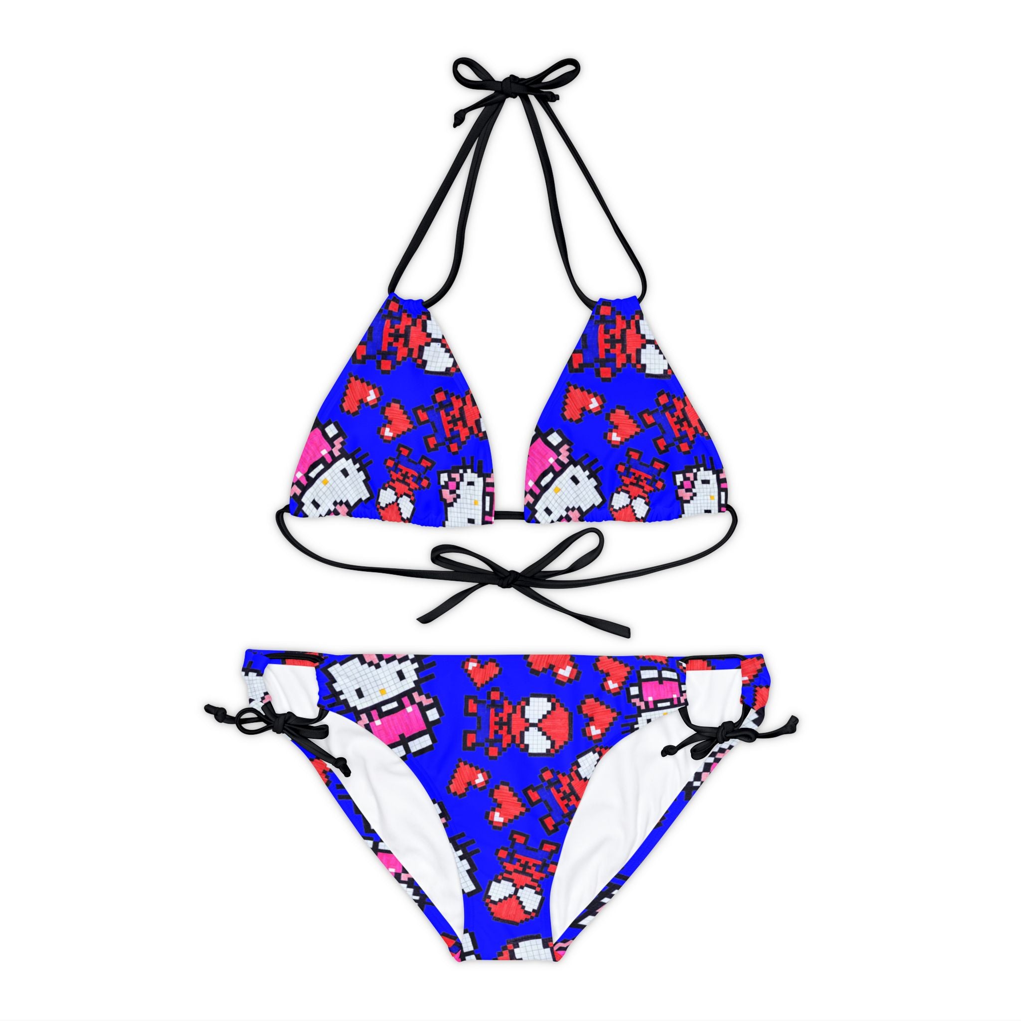 Strappy bikini set spider kitty pixel heart character love valentine blue