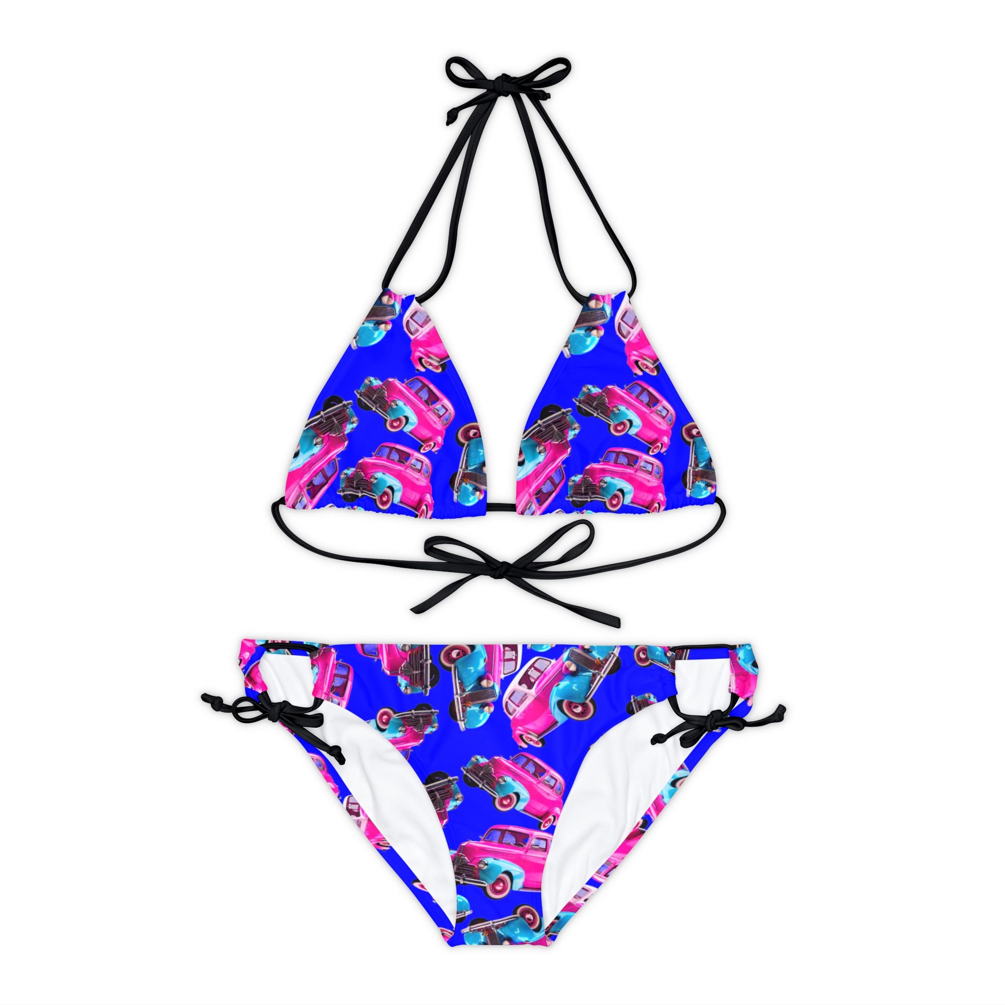 Strappy bikini set cartoon dirty old cars blue