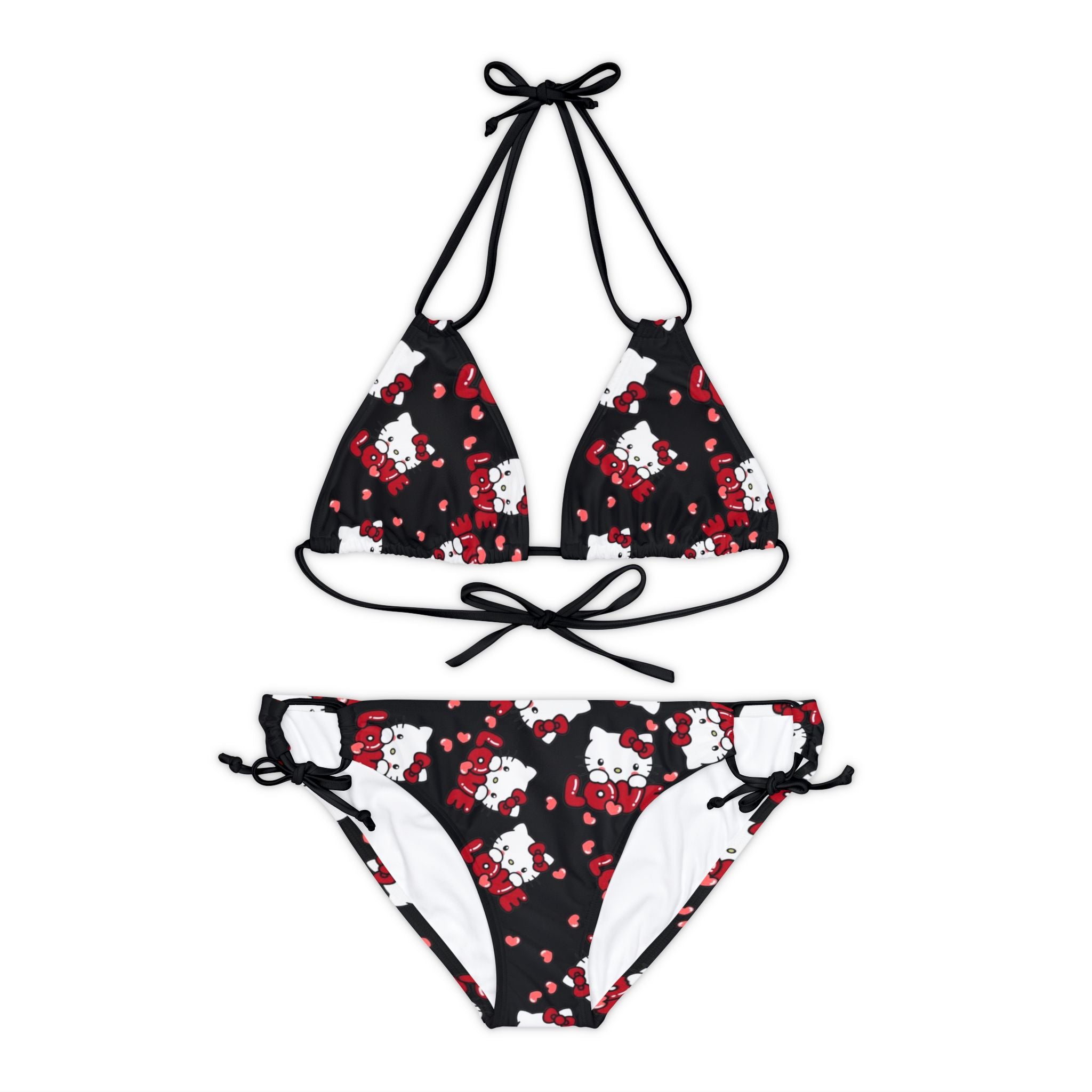 Strappy bikini set kitty valentine love black