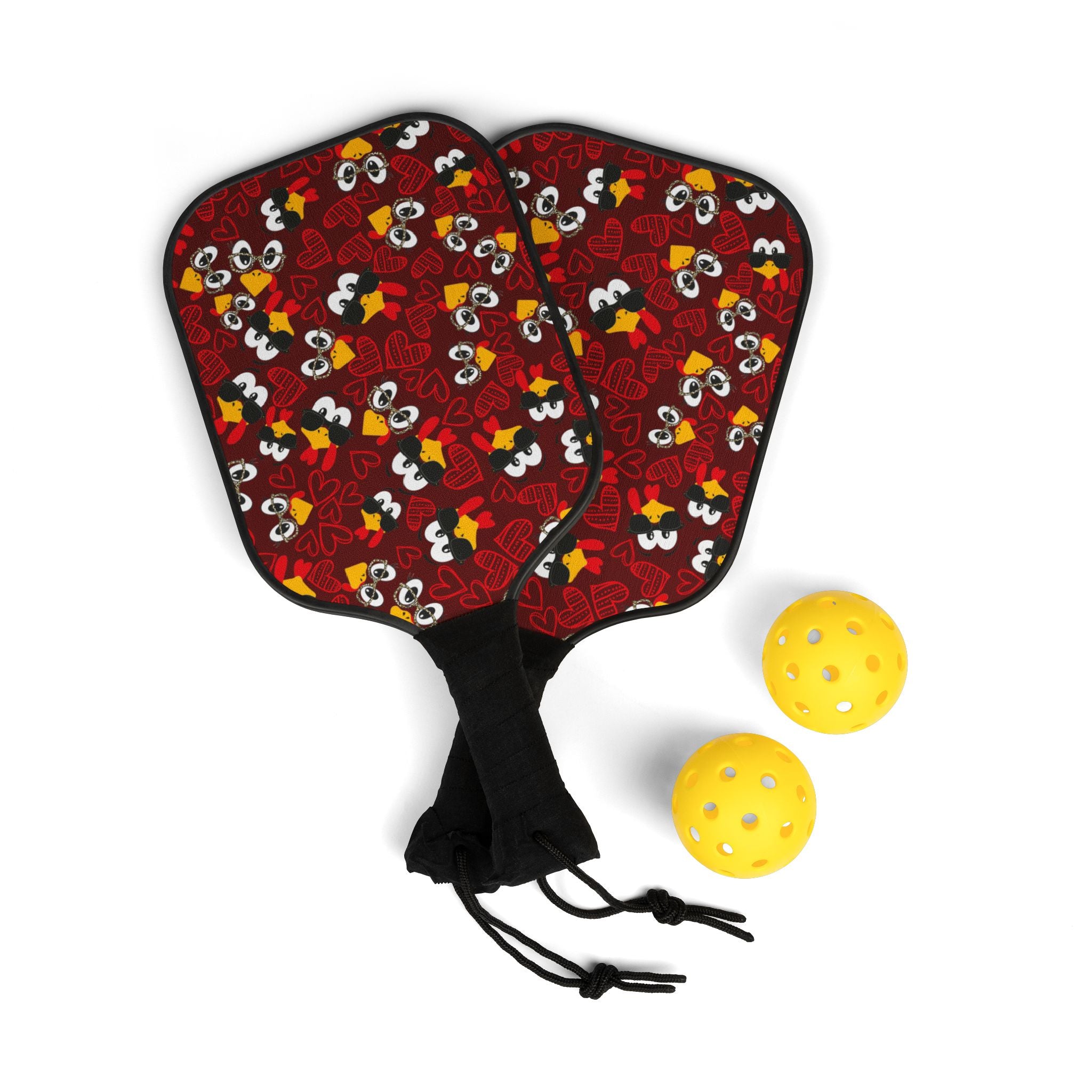 Pickleball kit (2 paddles + 2 balls + transparent bag) Mr Turkey Mrs Turkey valentine hearts Thanksgiving red