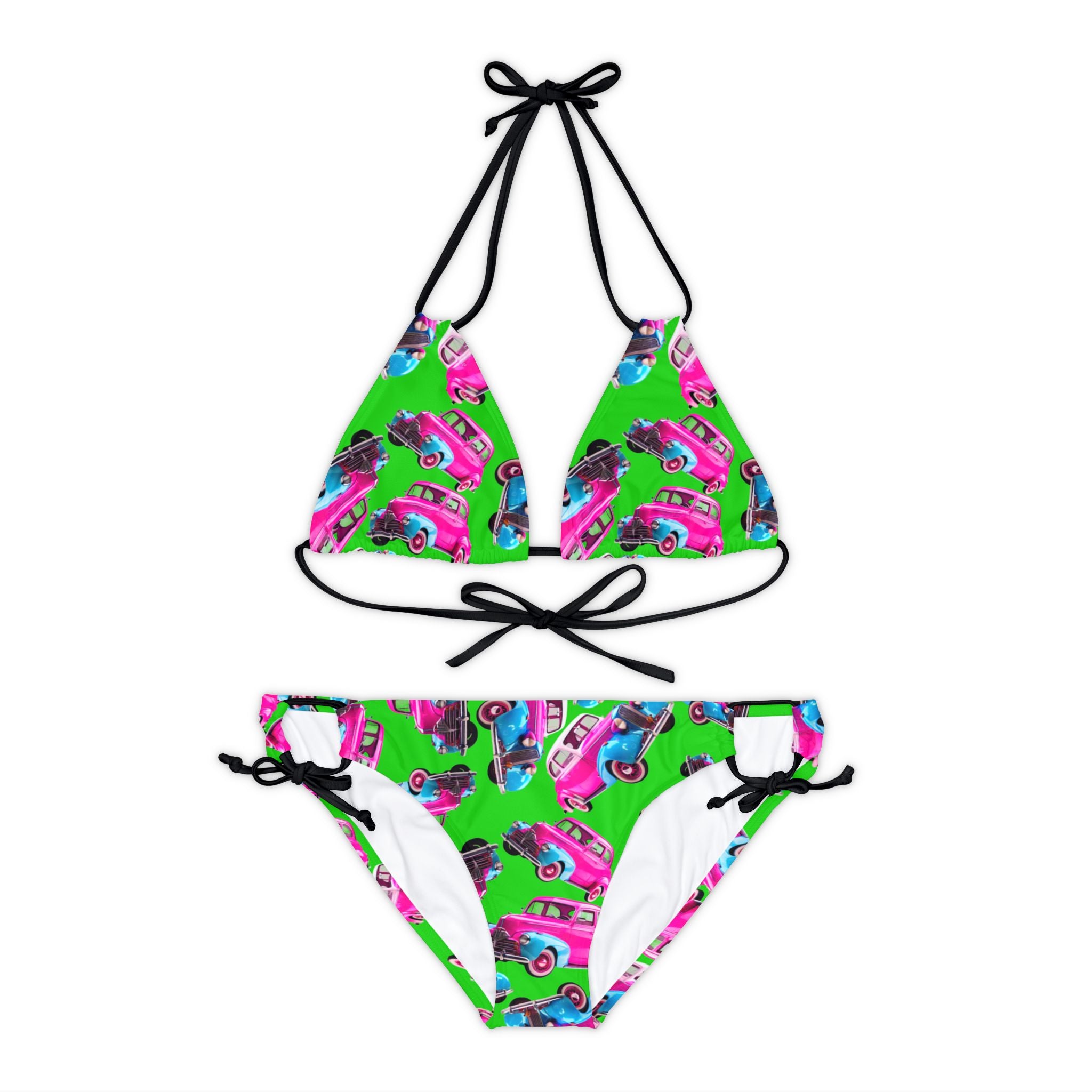 Strappy bikini set cartoon dirty old cars green