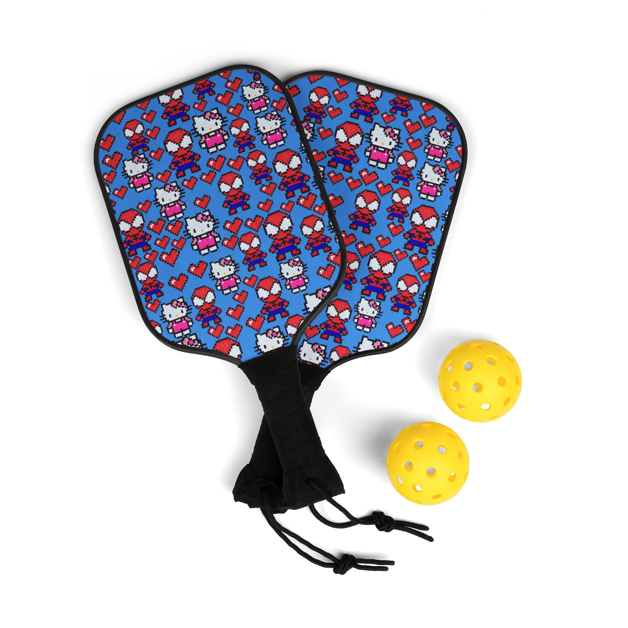 Pickleball kit (2 paddles + 2 balls + transparent bag) spider kitty pixel heart love valentine cyan