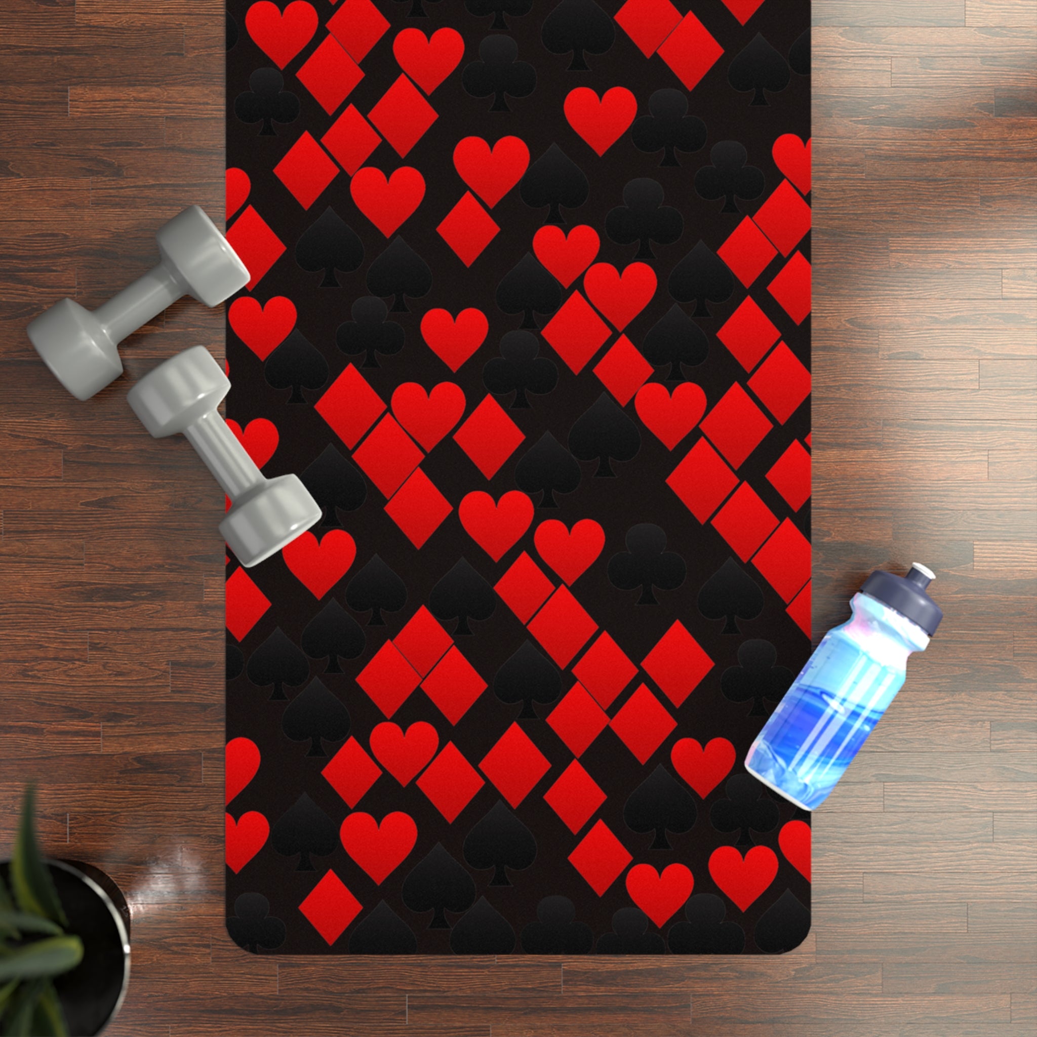 Rubber yoga mat playing cards spades hearts diamonds clubs valentine love black