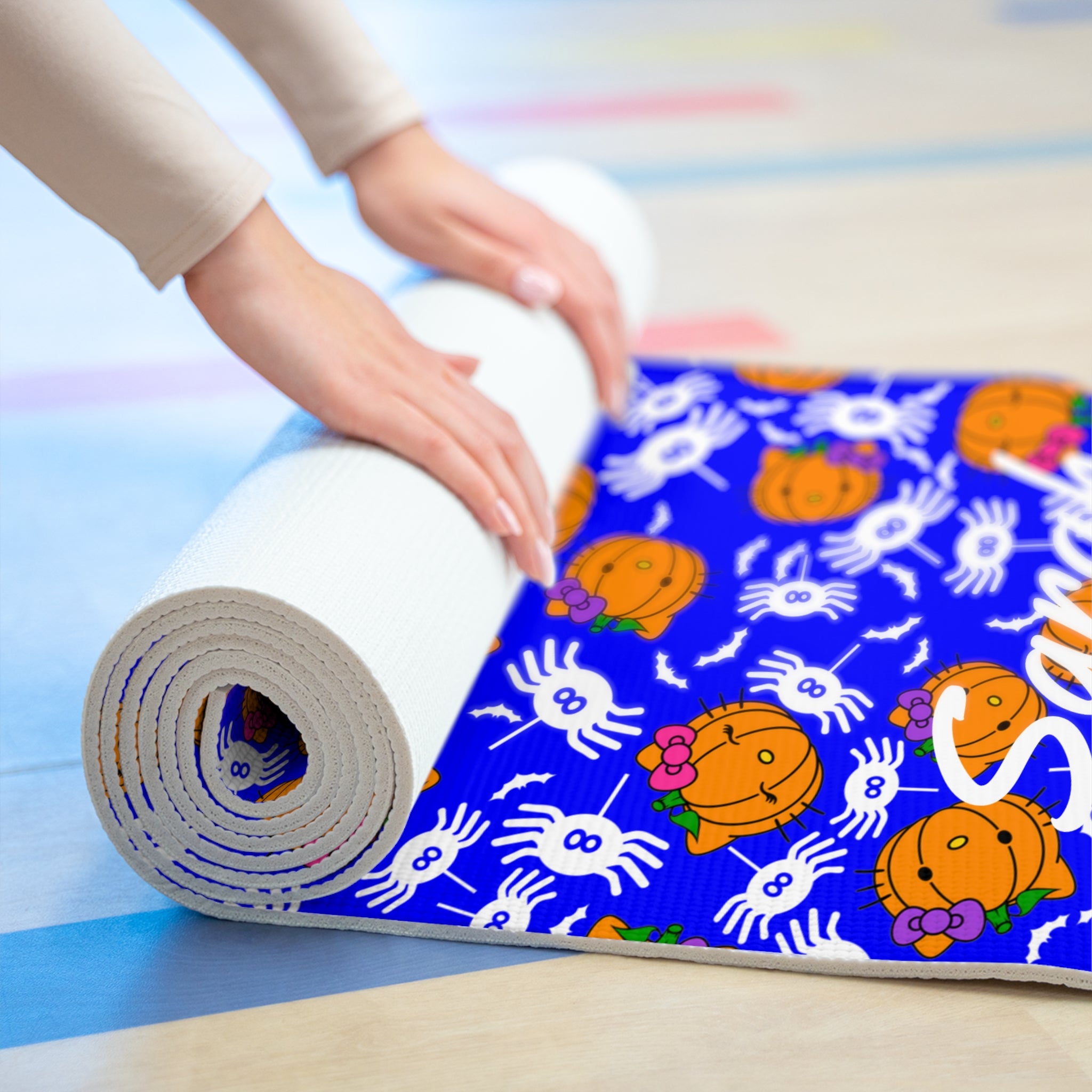 Custom name foam yoga mat double pumpkin kitty halloween blue