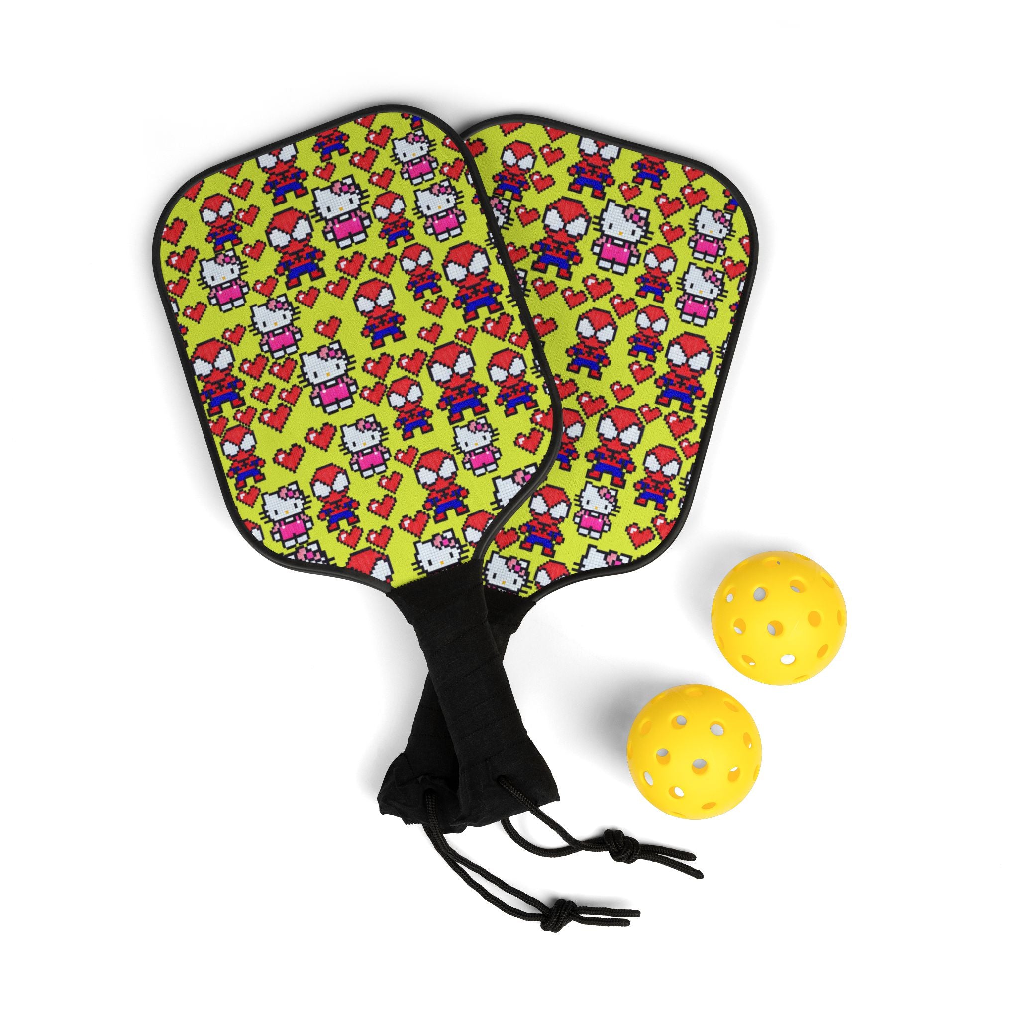 Pickleball kit (2 paddles + 2 balls + transparent bag) spider kitty pixel heart love valentine yellow