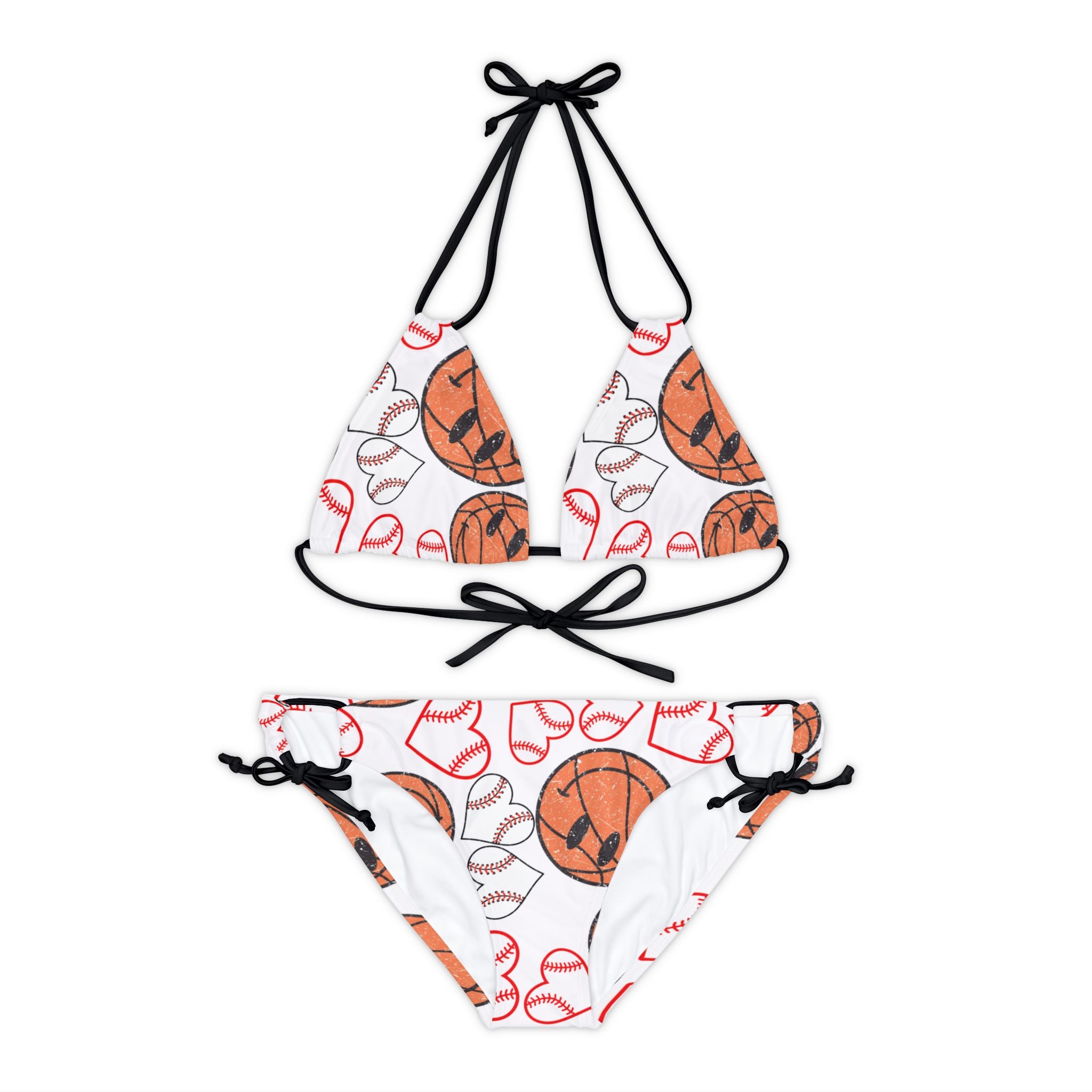 Strappy bikini set basketball hearts valentine white