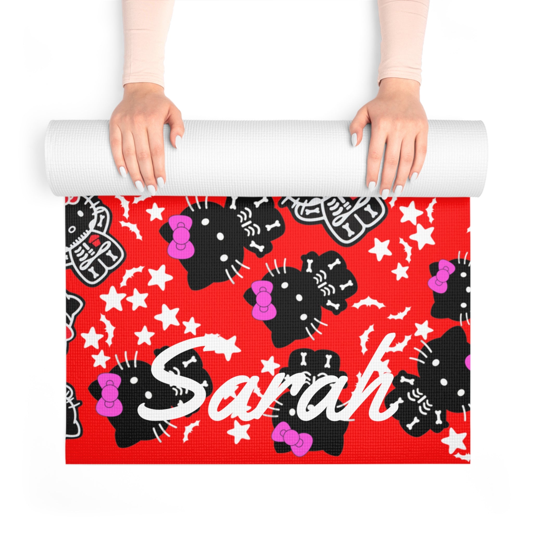 Custom name foam yoga mat kitty halloween bones red