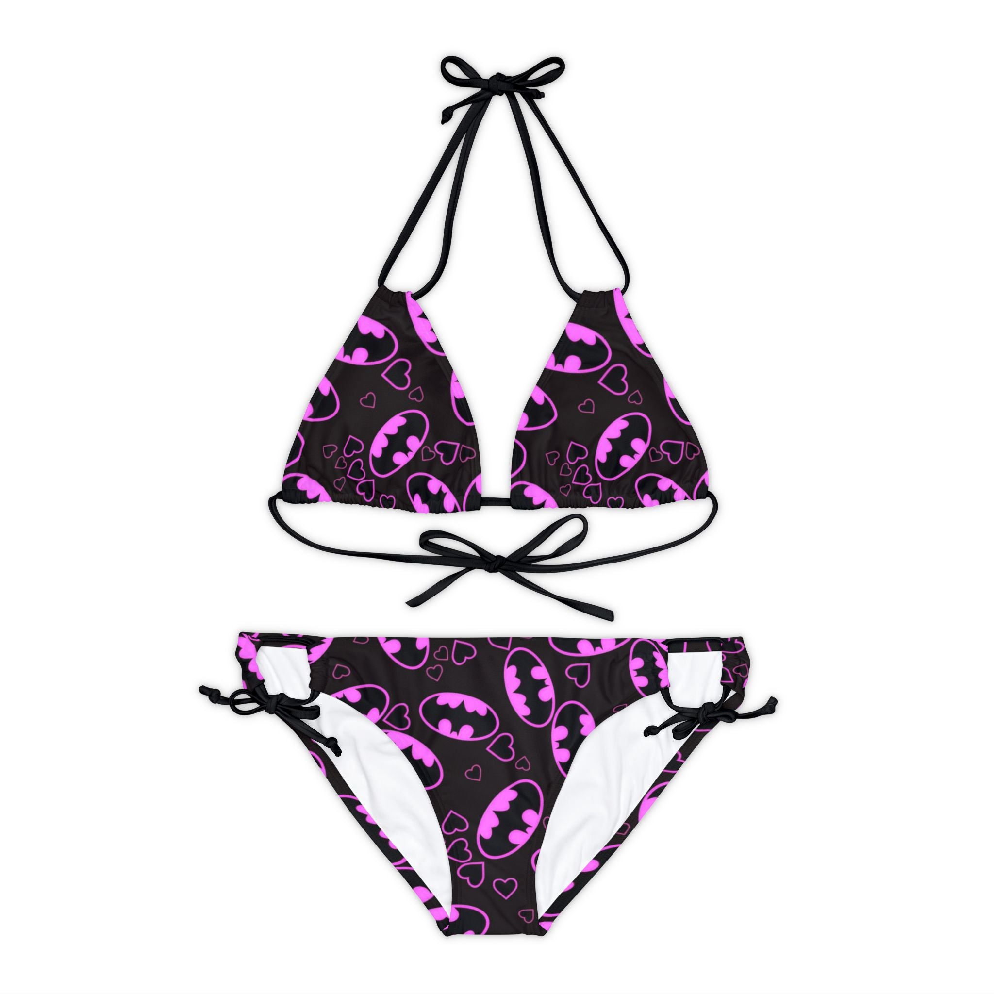 Strappy bikini set batman hearts valentine love black