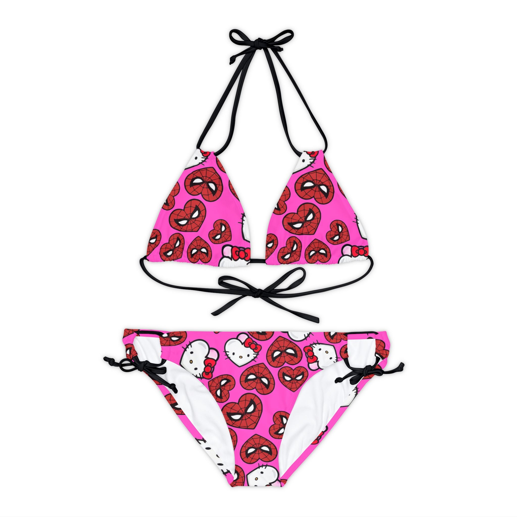 Strappy bikini set spider kitty double hearts pink