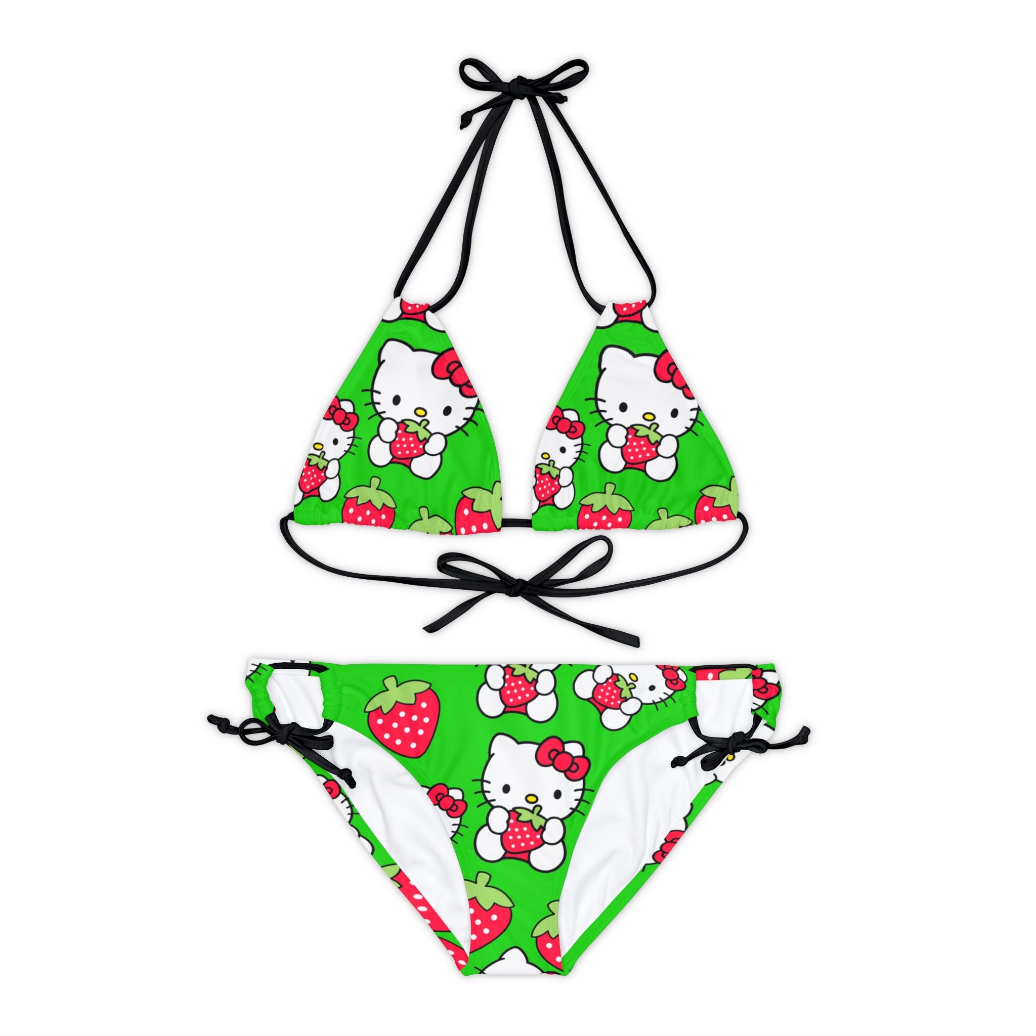 Strappy bikini set kitty strawberry valentine love green