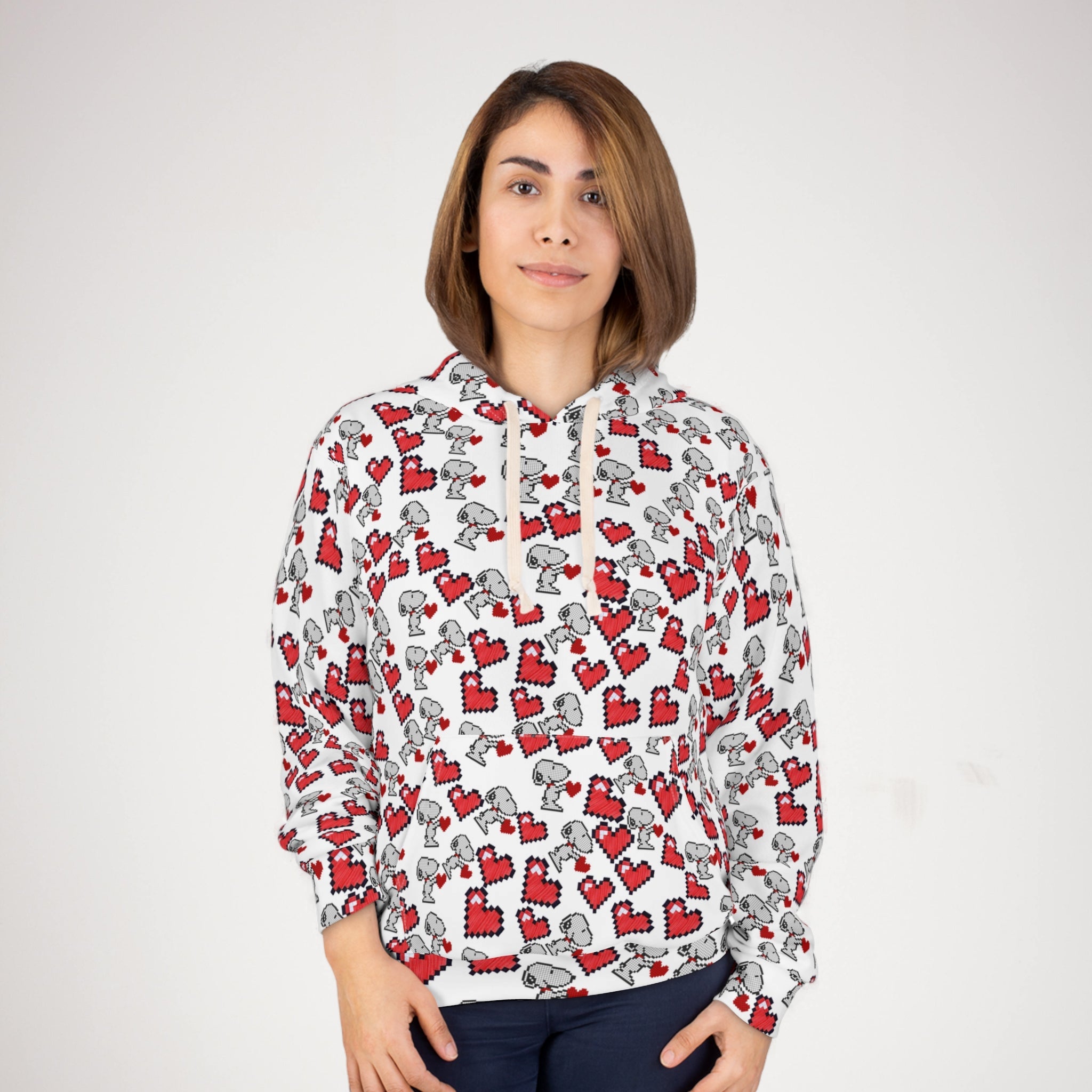 Unisex pullover hoodie snoopy hearts valentine white