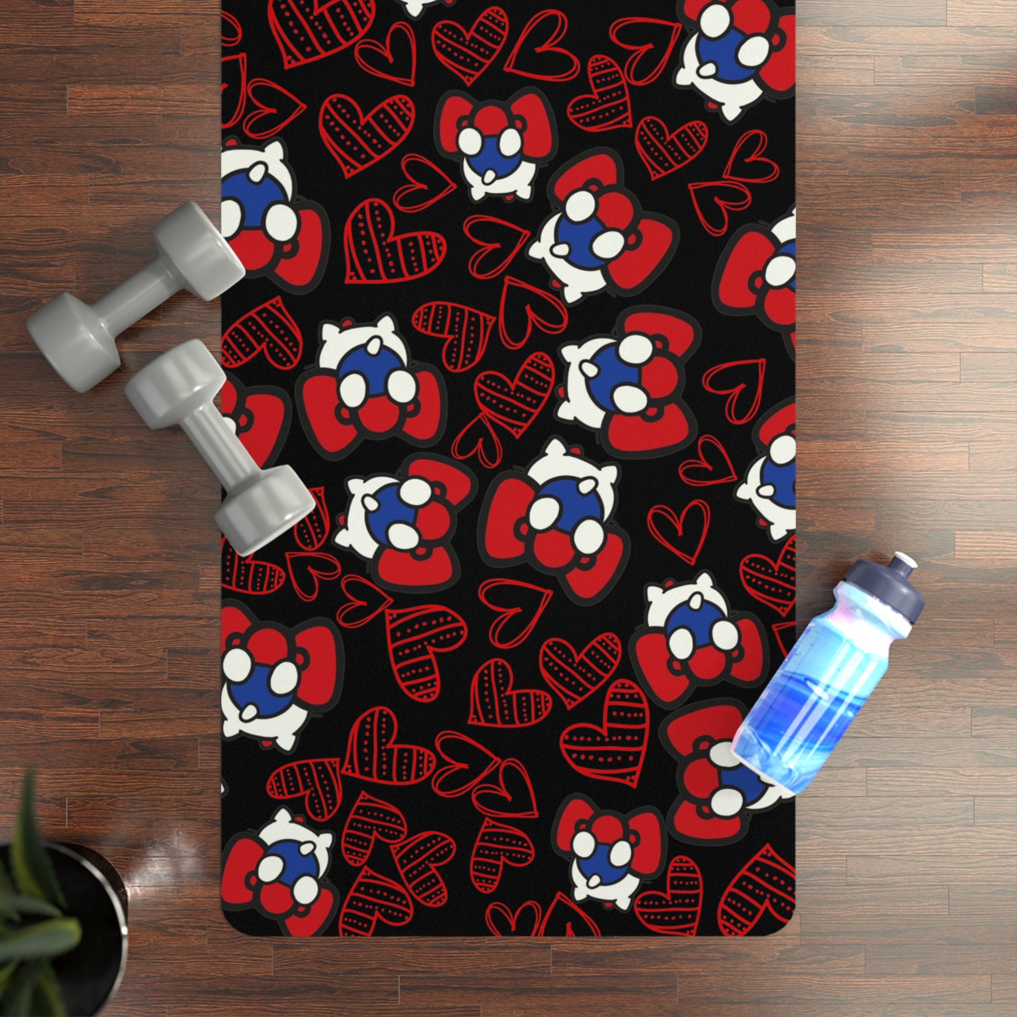 Rubber yoga mat cherry kitty back heart black