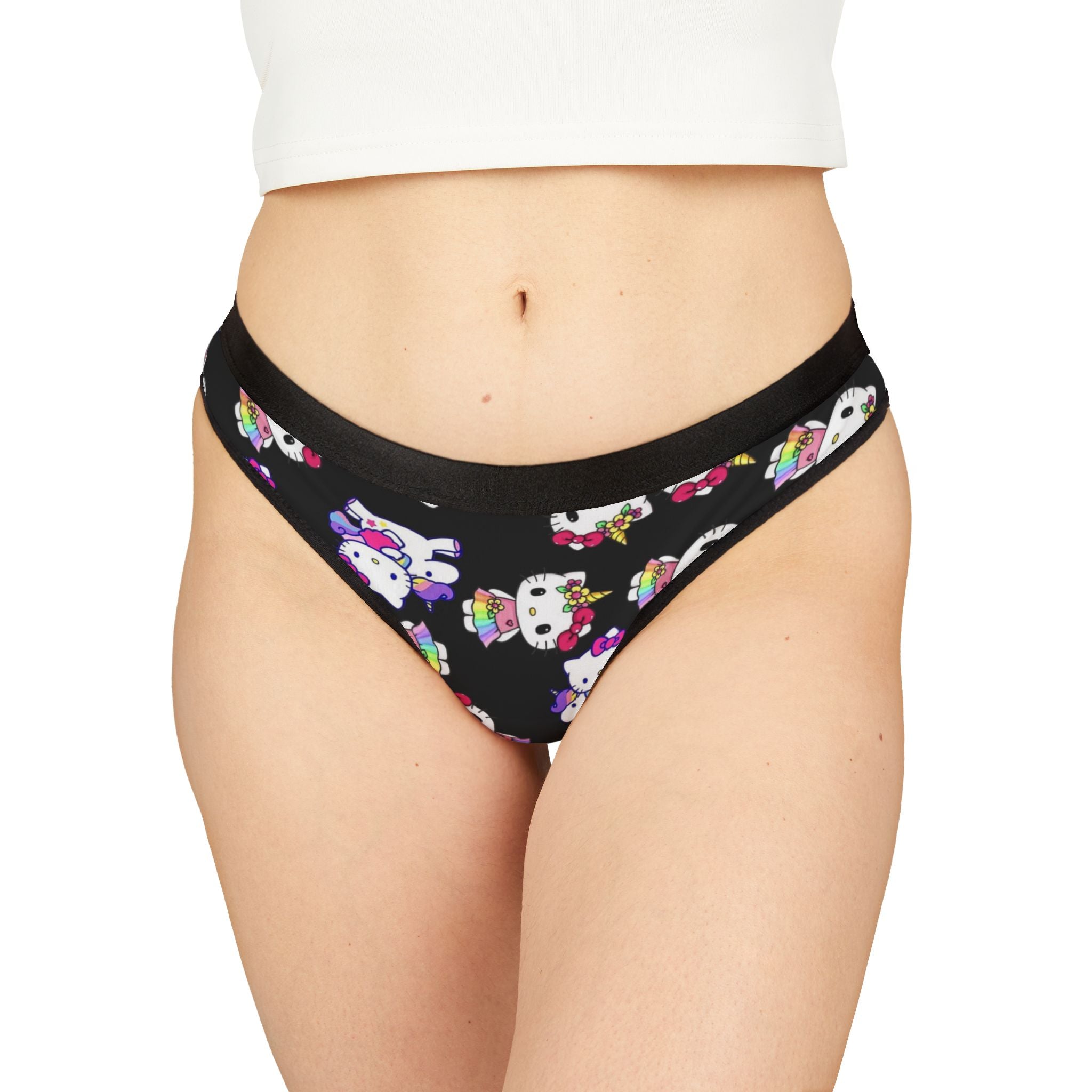 Women's thongs kitty unicorn rainbow valentine love black