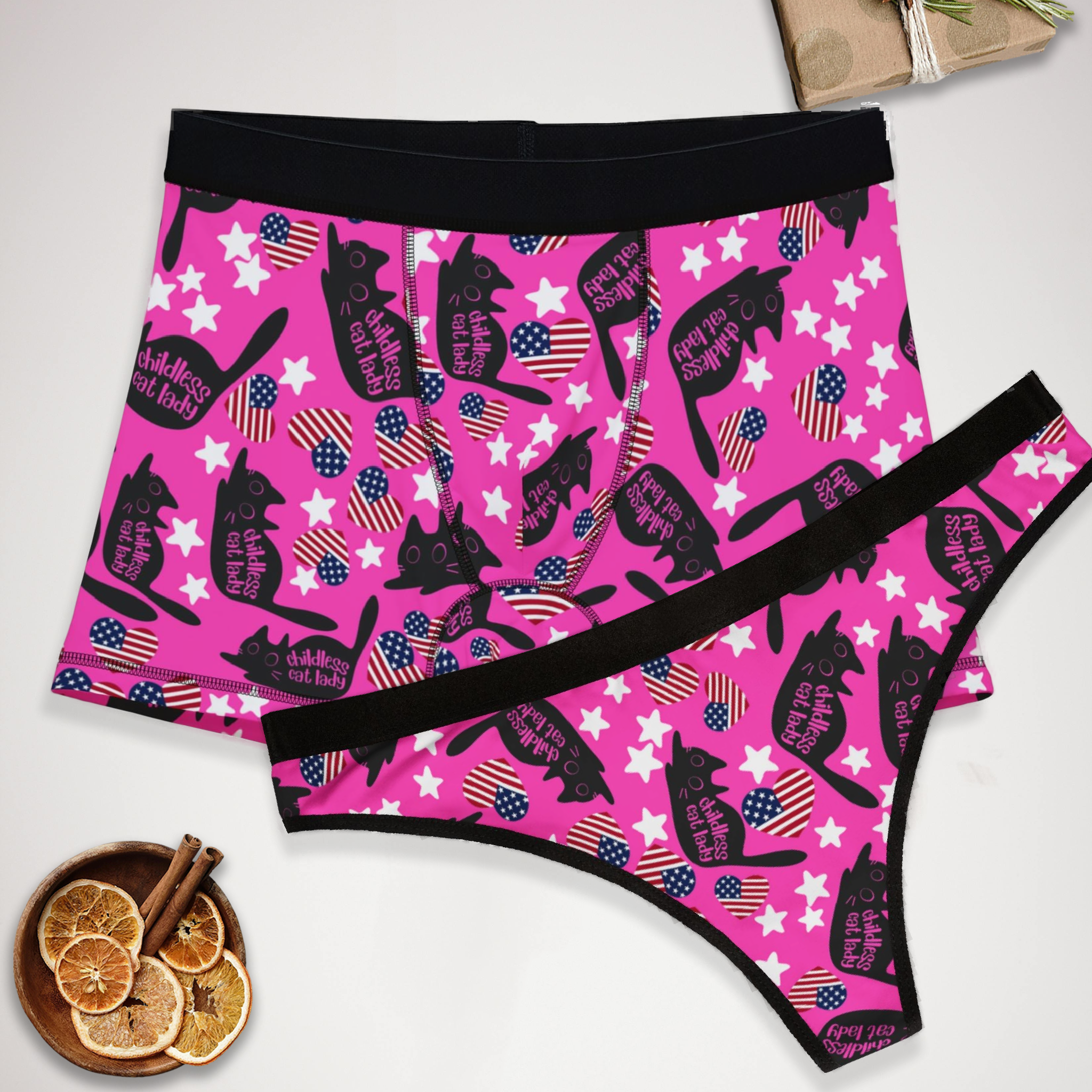 Couples matching  childless cat lady flag heart character underwear set boxer and thong