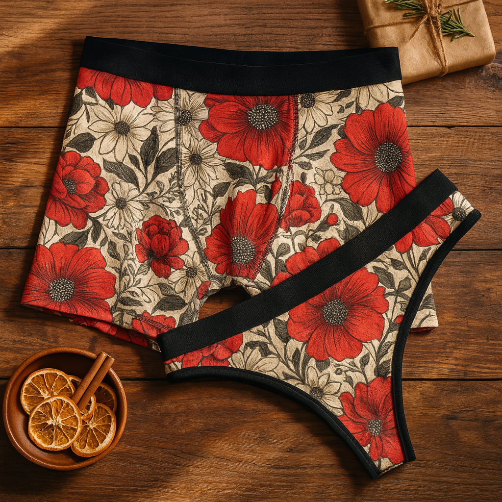 Matching underwear Cute Red Flowers for couples boxer & thong set