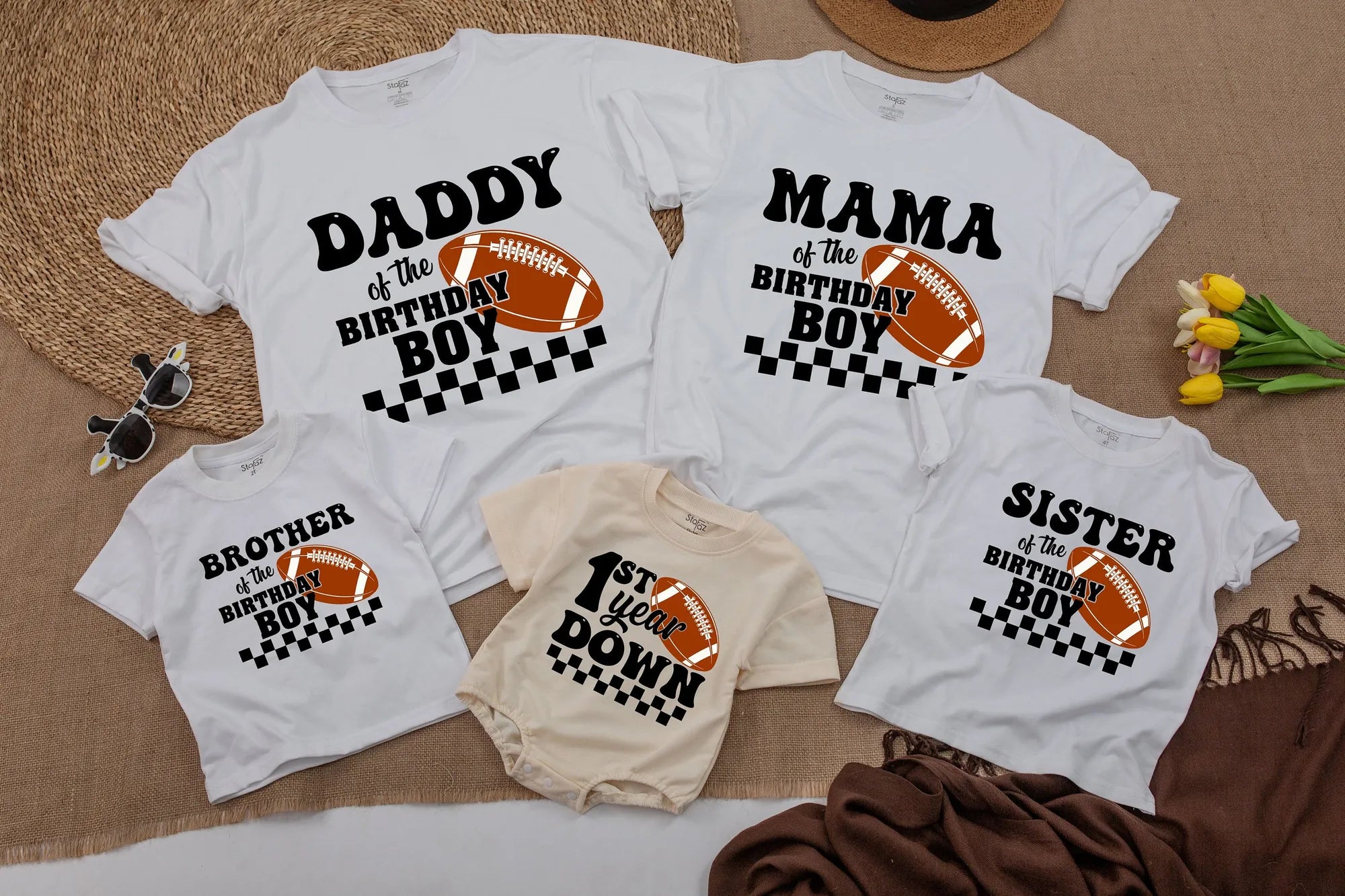 Football First Birthday Matching Family T-Shirt: 1st Year Down Birthday Romper Outfit