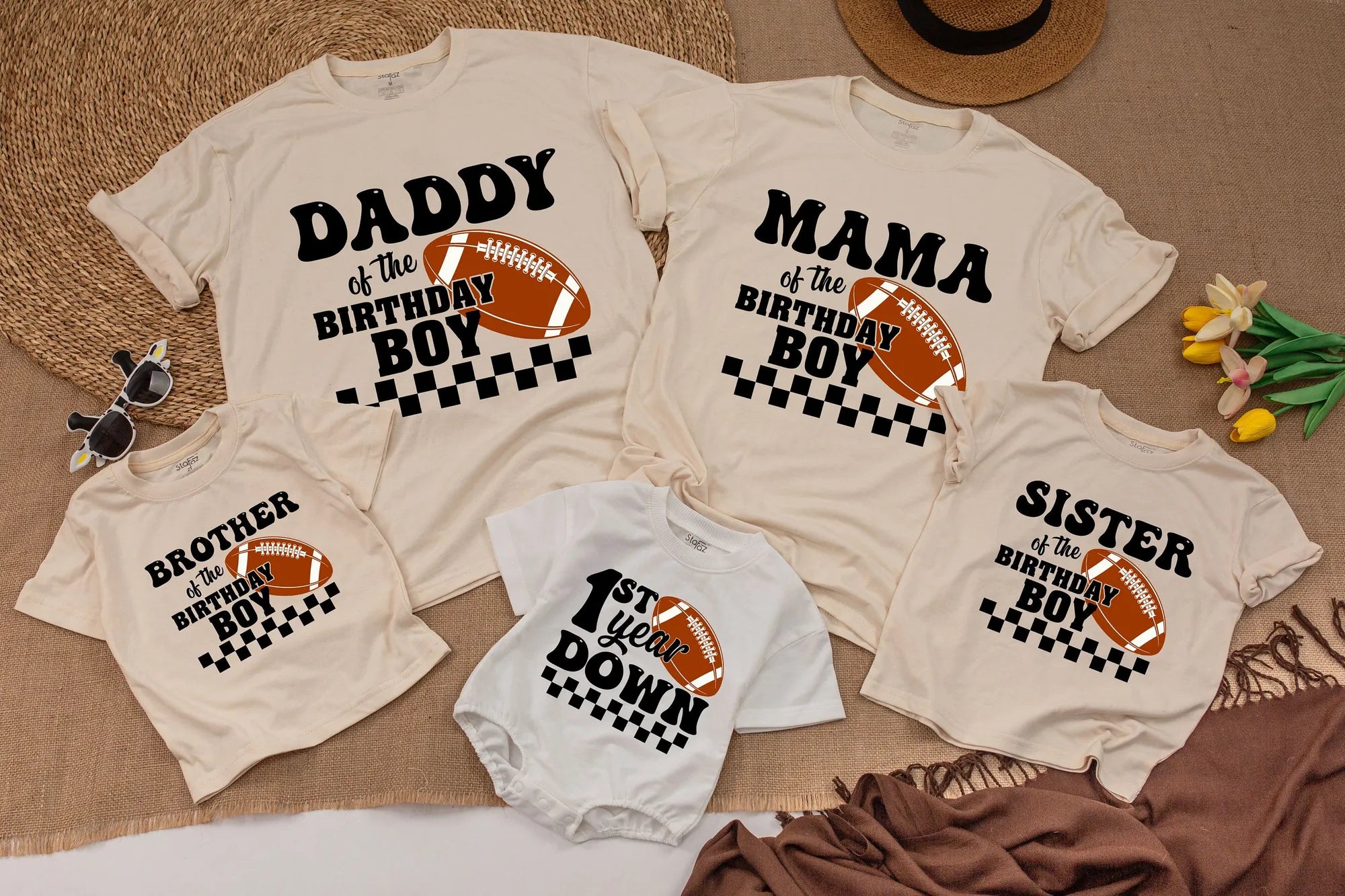 Football First Birthday Matching Family T-Shirt: 1st Year Down Birthday Romper Outfit