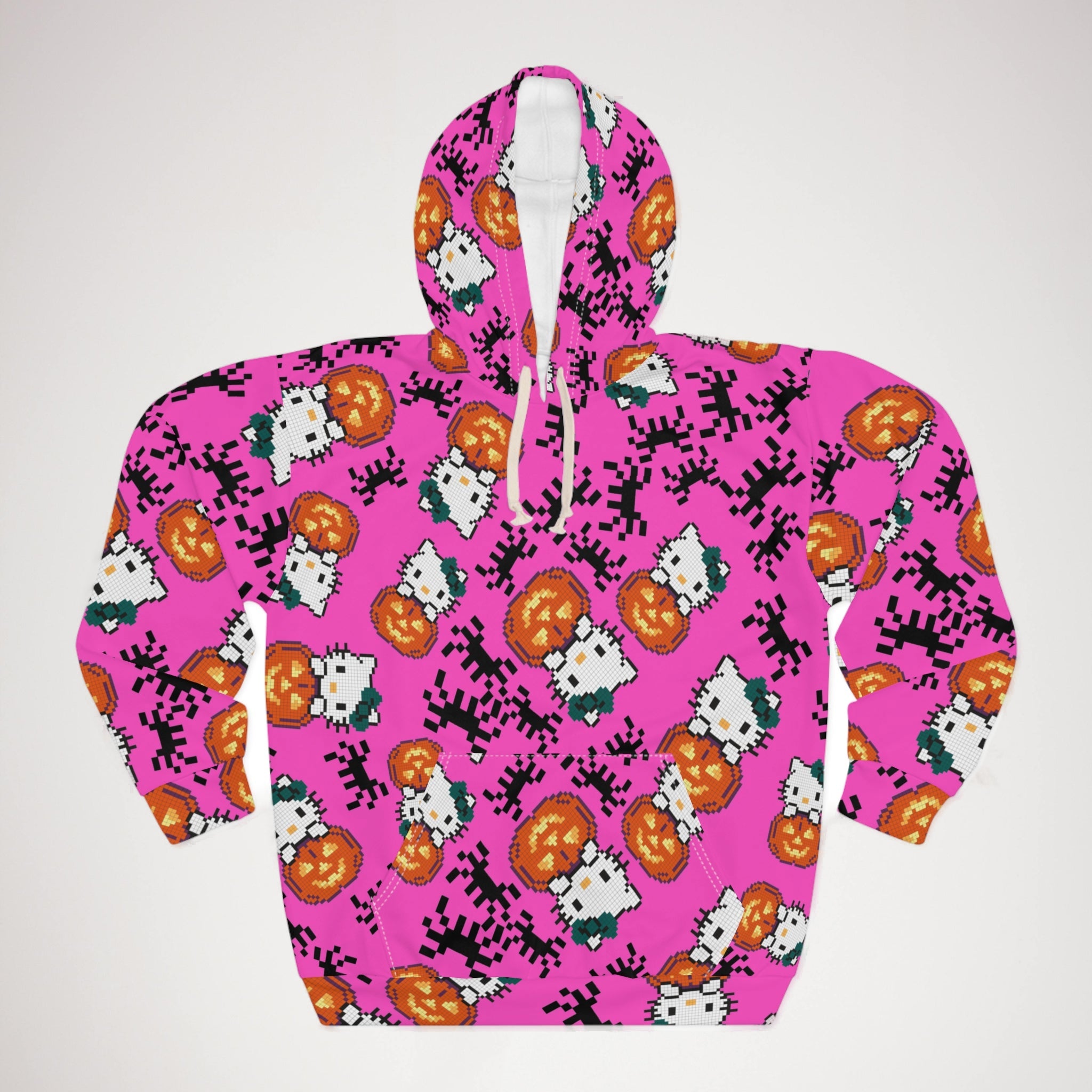 Unisex pullover hoodie kitty pumpkin Halloween pixel spider pink