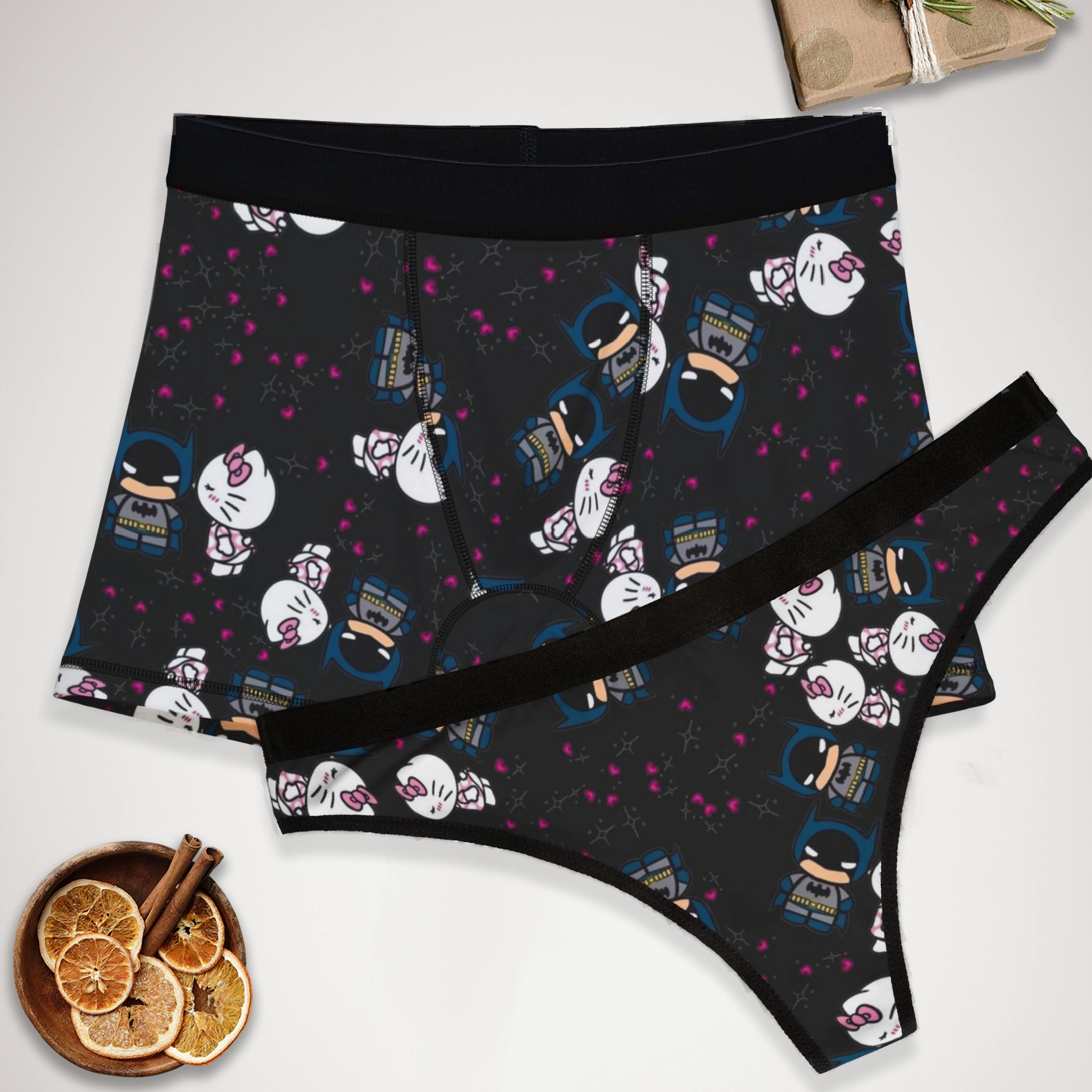 Matching underwear kitty batman valentine kiss for couples boxer & thong set