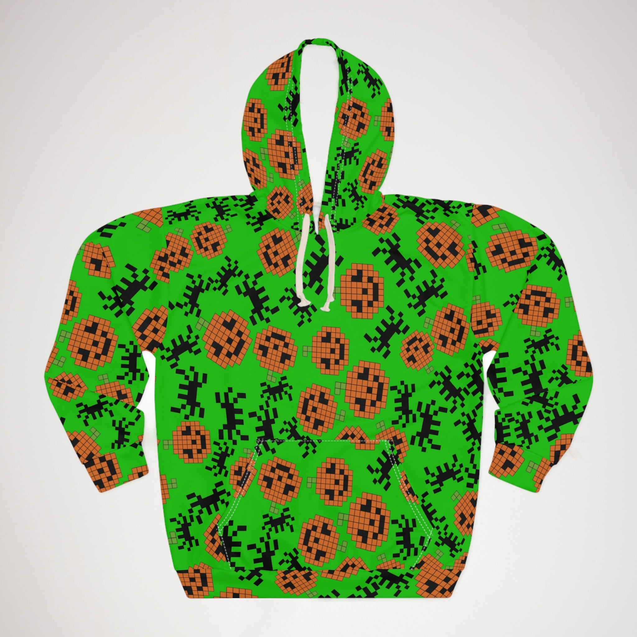 Unisex pullover hoodie pumpkin spider pixel halloween green