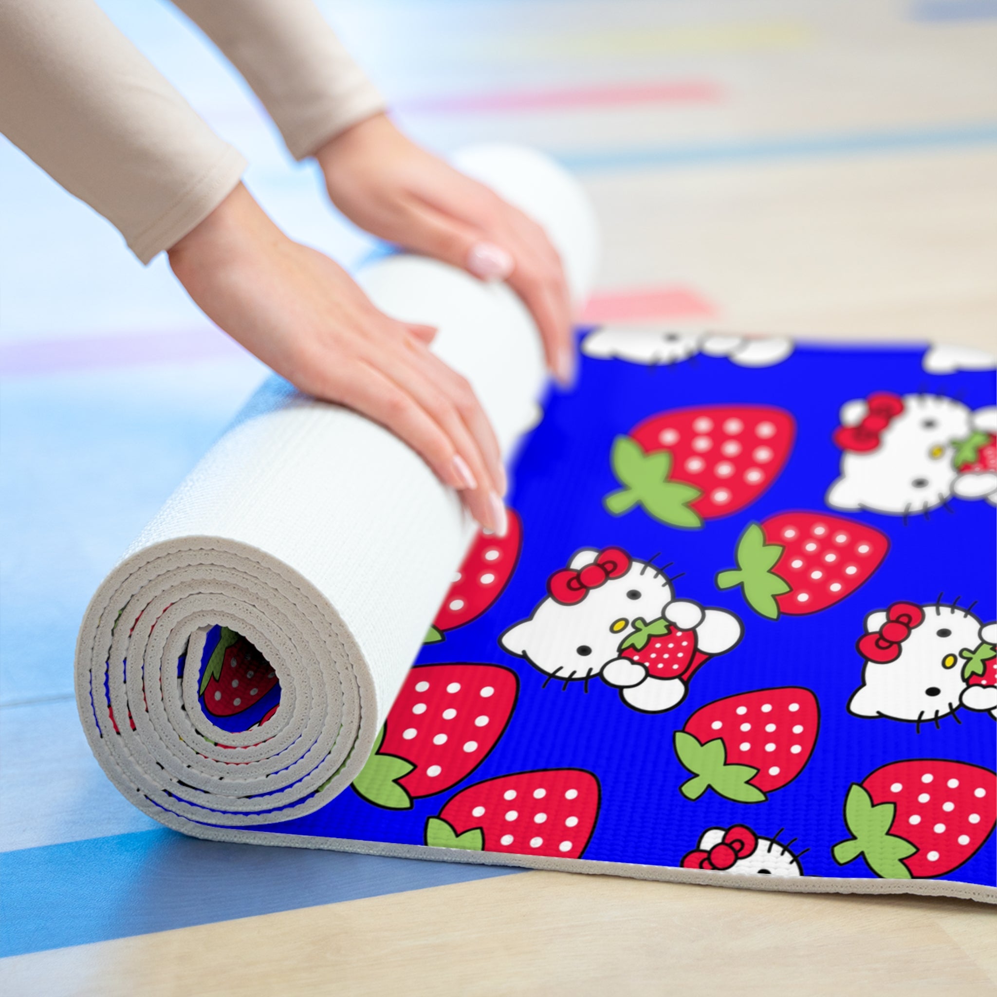 Foam yoga mat kitty strawberry valentine love blue