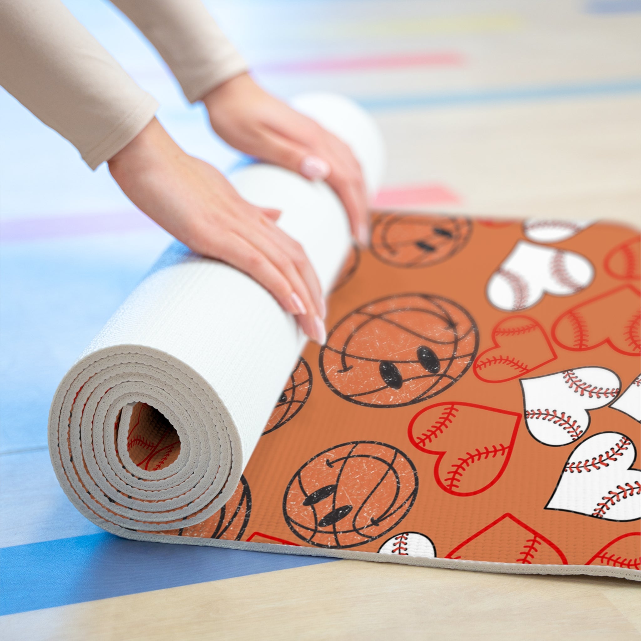 Foam yoga mat basketball hearts valentine orange