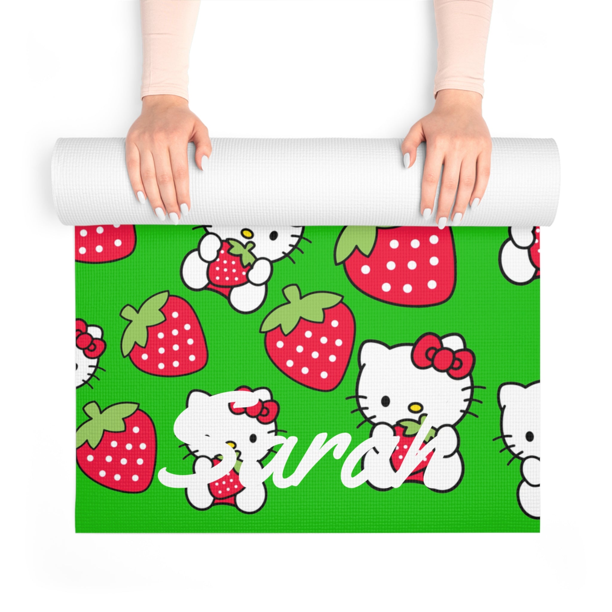 Custom name foam yoga mat kitty strawberry valentine love green