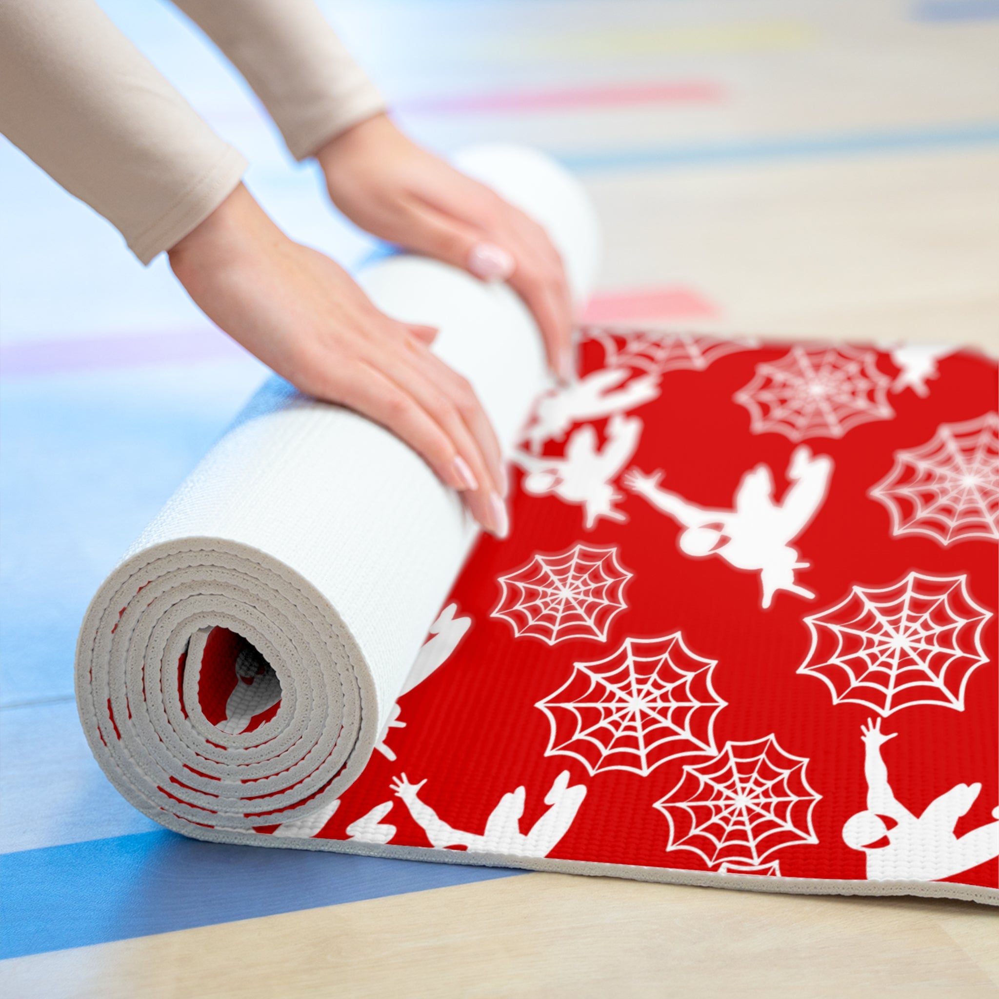 Foam yoga mat spiderman web plain red