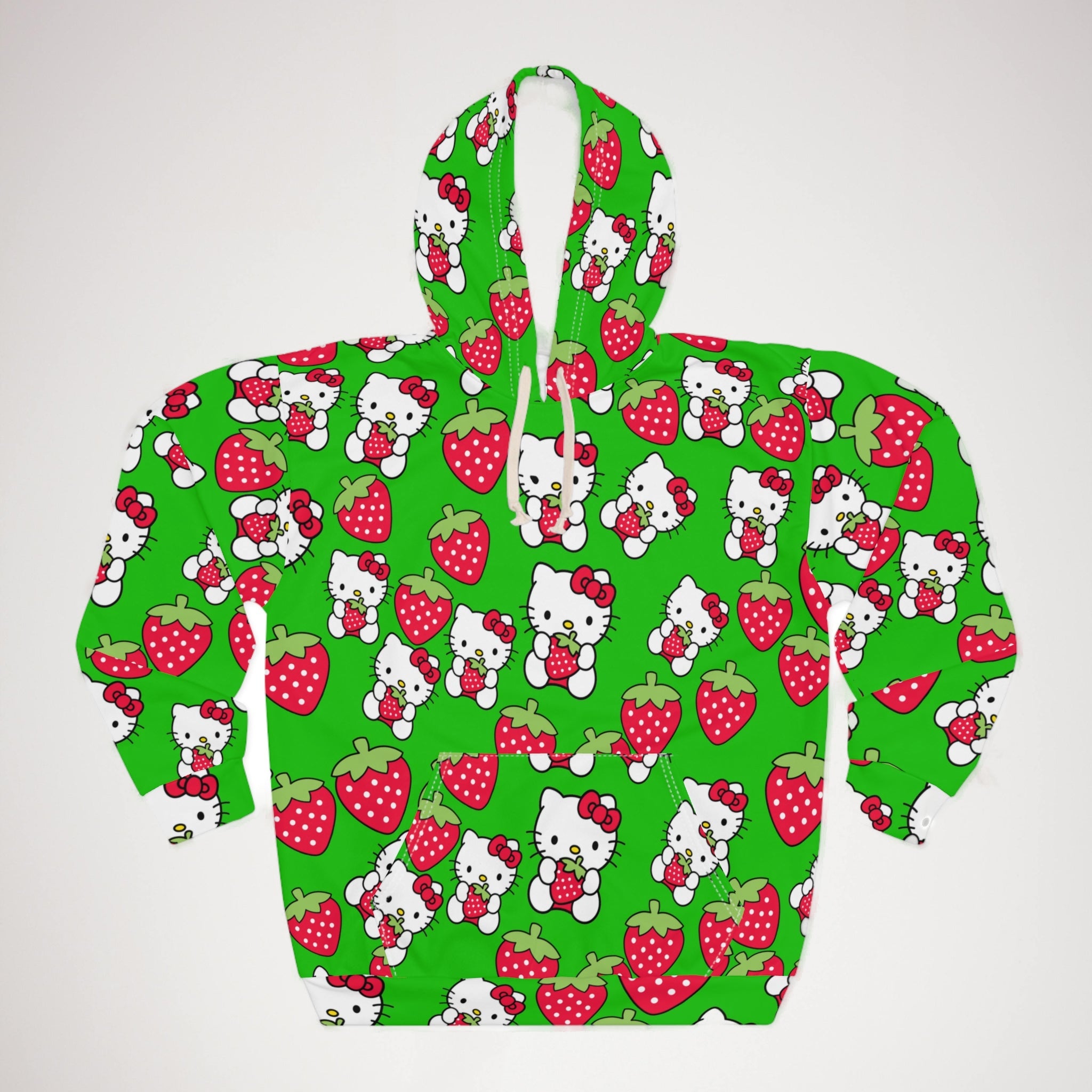 Unisex pullover hoodie kitty strawberry valentine love green