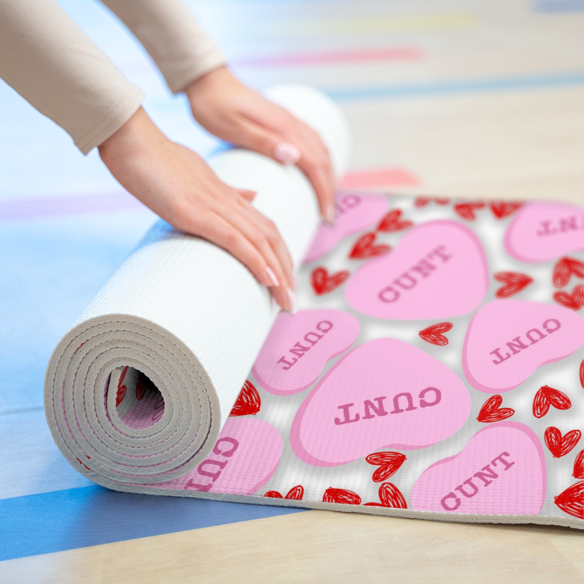 Foam yoga mat cunt candy heart shape message white