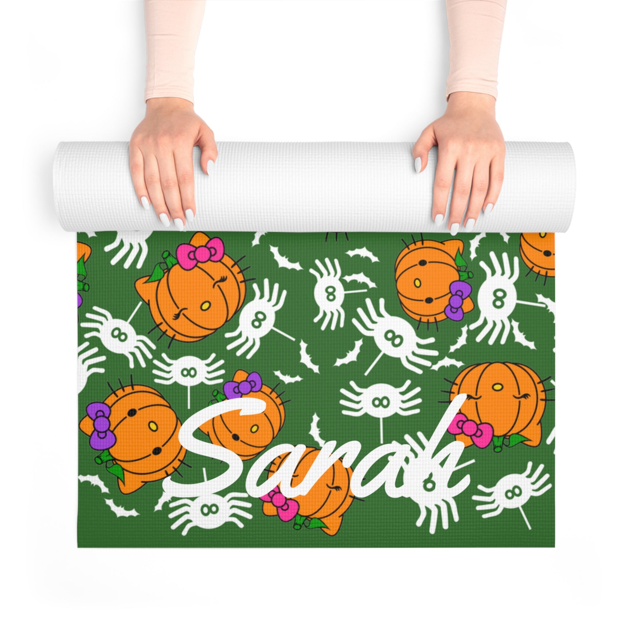 Custom name foam yoga mat double pumpkin kitty halloween green