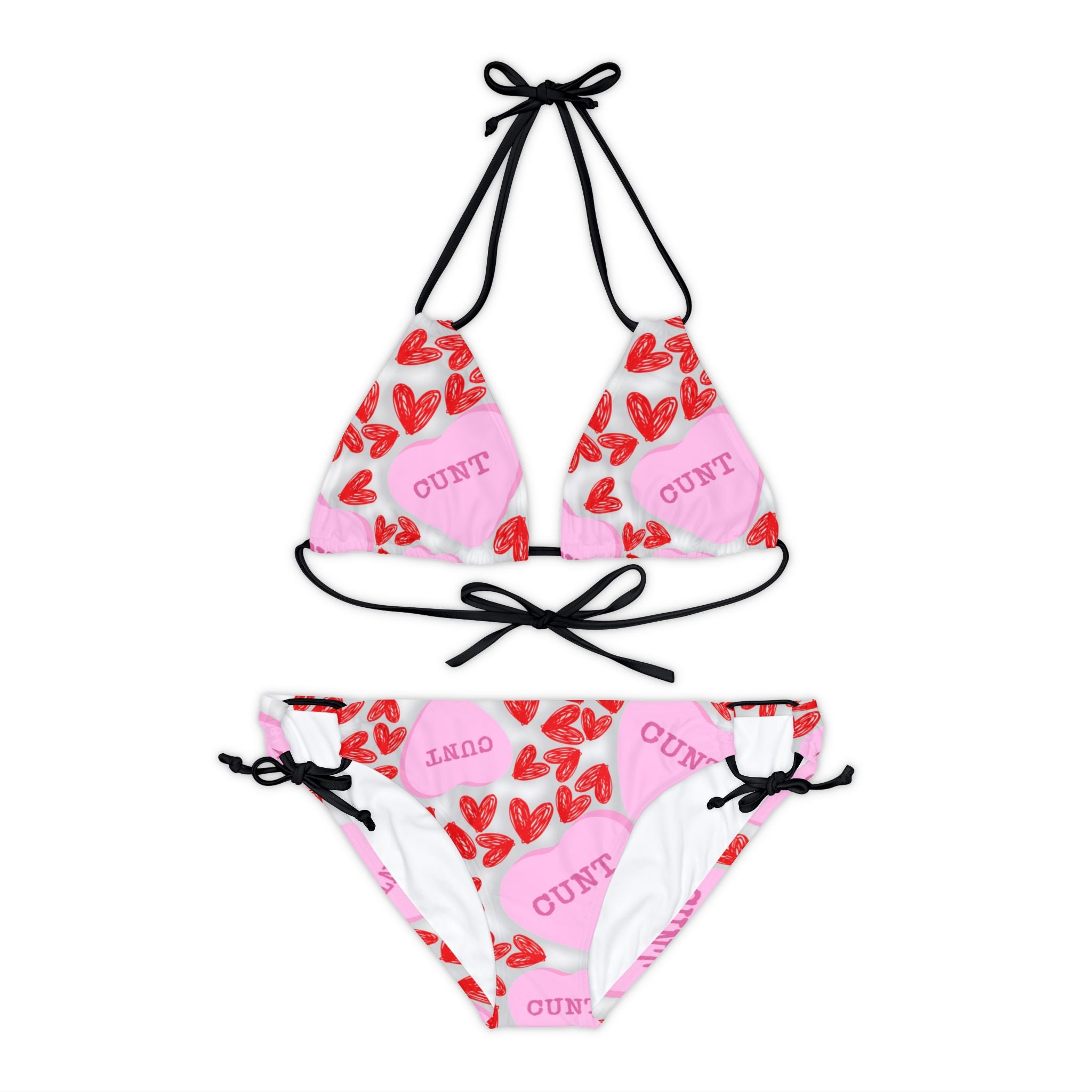 Strappy bikini set cunt candy heart shape message white