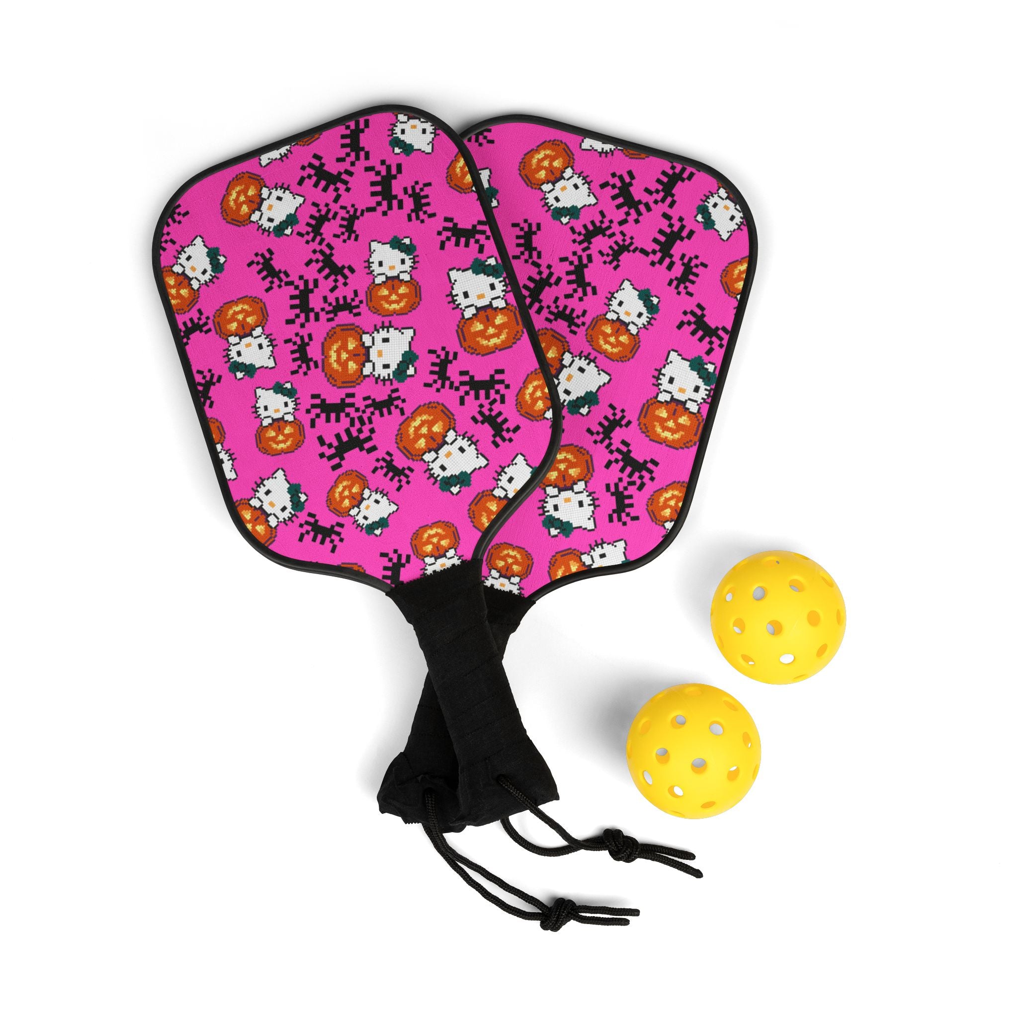 Pickleball kit (2 paddles + 2 balls + transparent bag) kitty pumpkin Halloween pixel spider pink